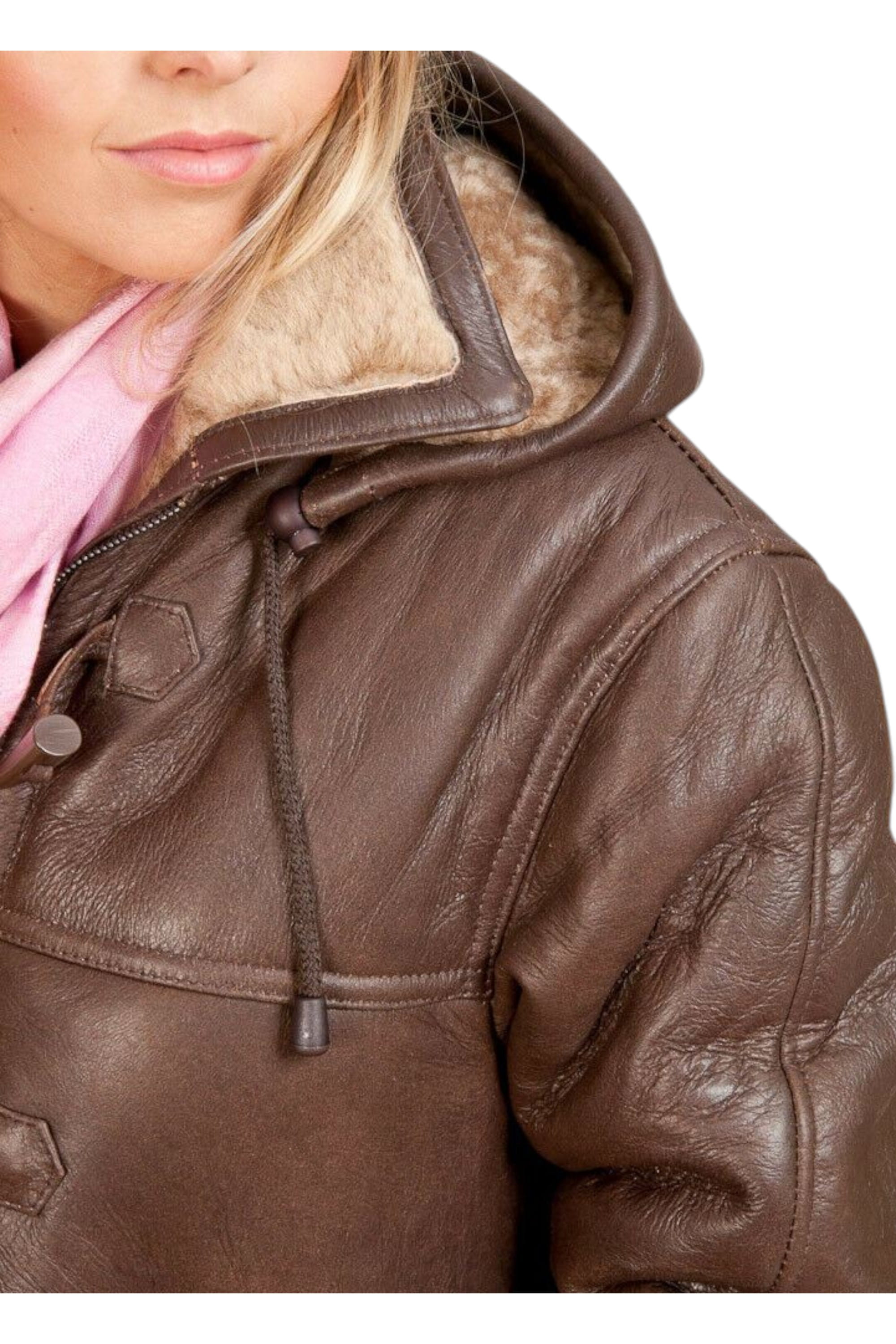 Brown Hooded Sheepskin Leather Coat - Canvas, Image 3 of 4