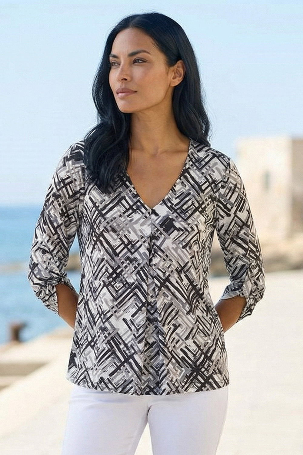 Ivory Geometric Print Pleat Front Top, Image 1 of 3