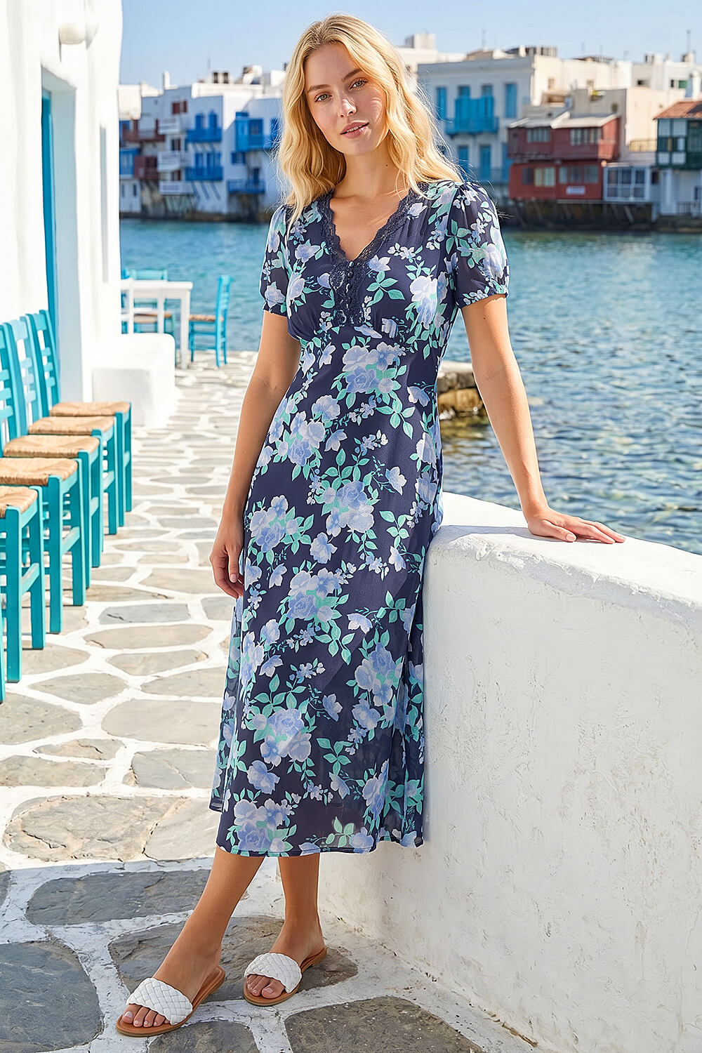 Navy Floral Lace Trim Midi Dress | Roman UK