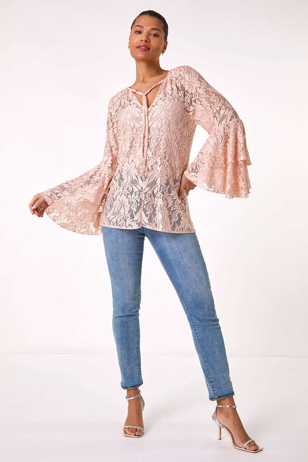 Light Pink Tie Neck Lace Detail Top, Image 1 of 5