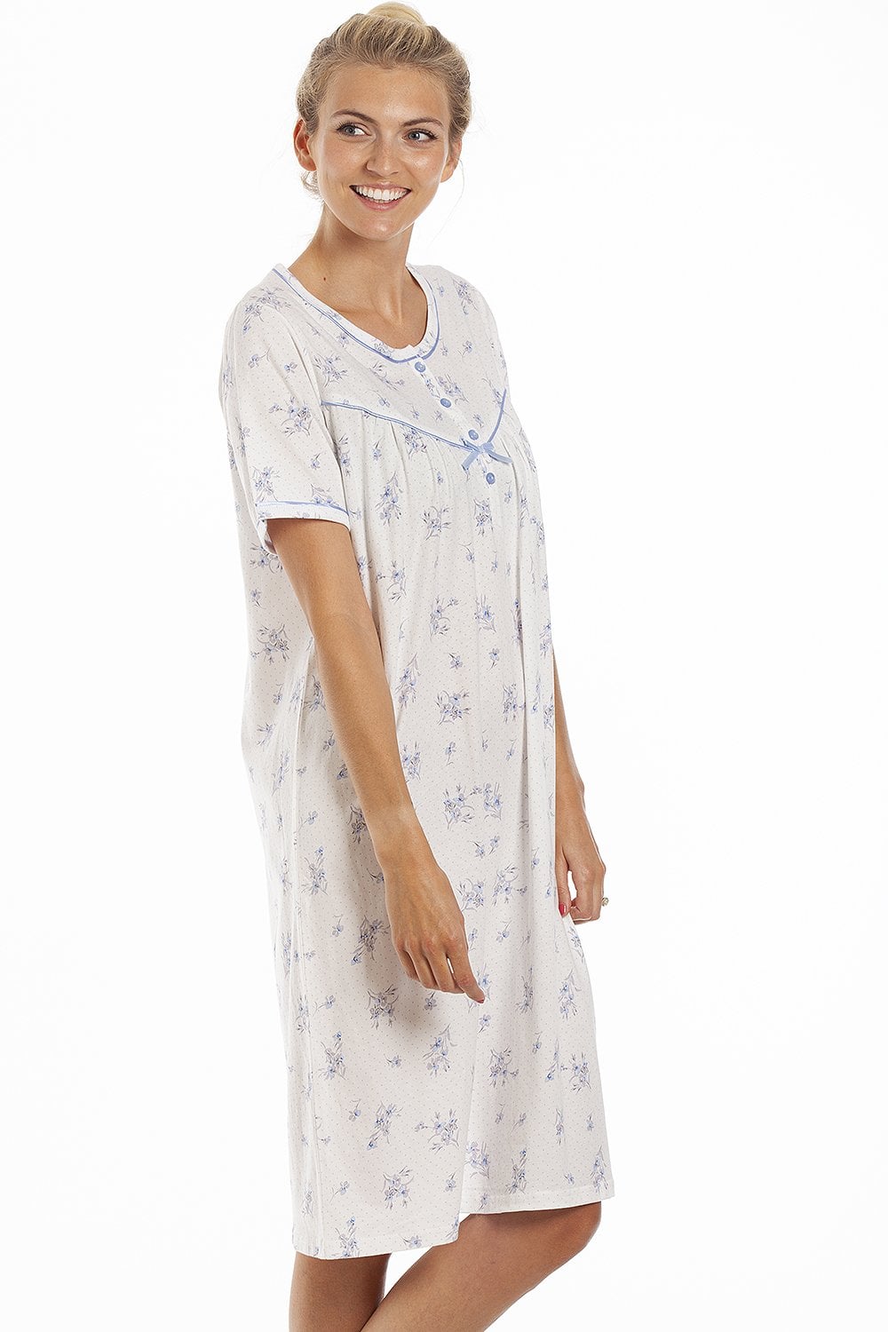 Blue Floral Dot Print Jersey Nightdress, Image 5 of 5