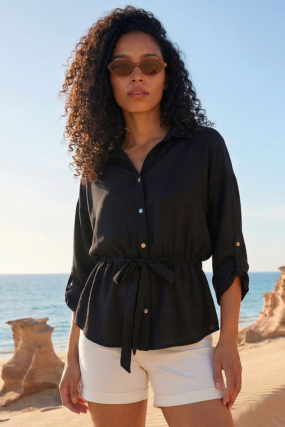 Black Safari Tie Front Jacket, Image 3 of 4
