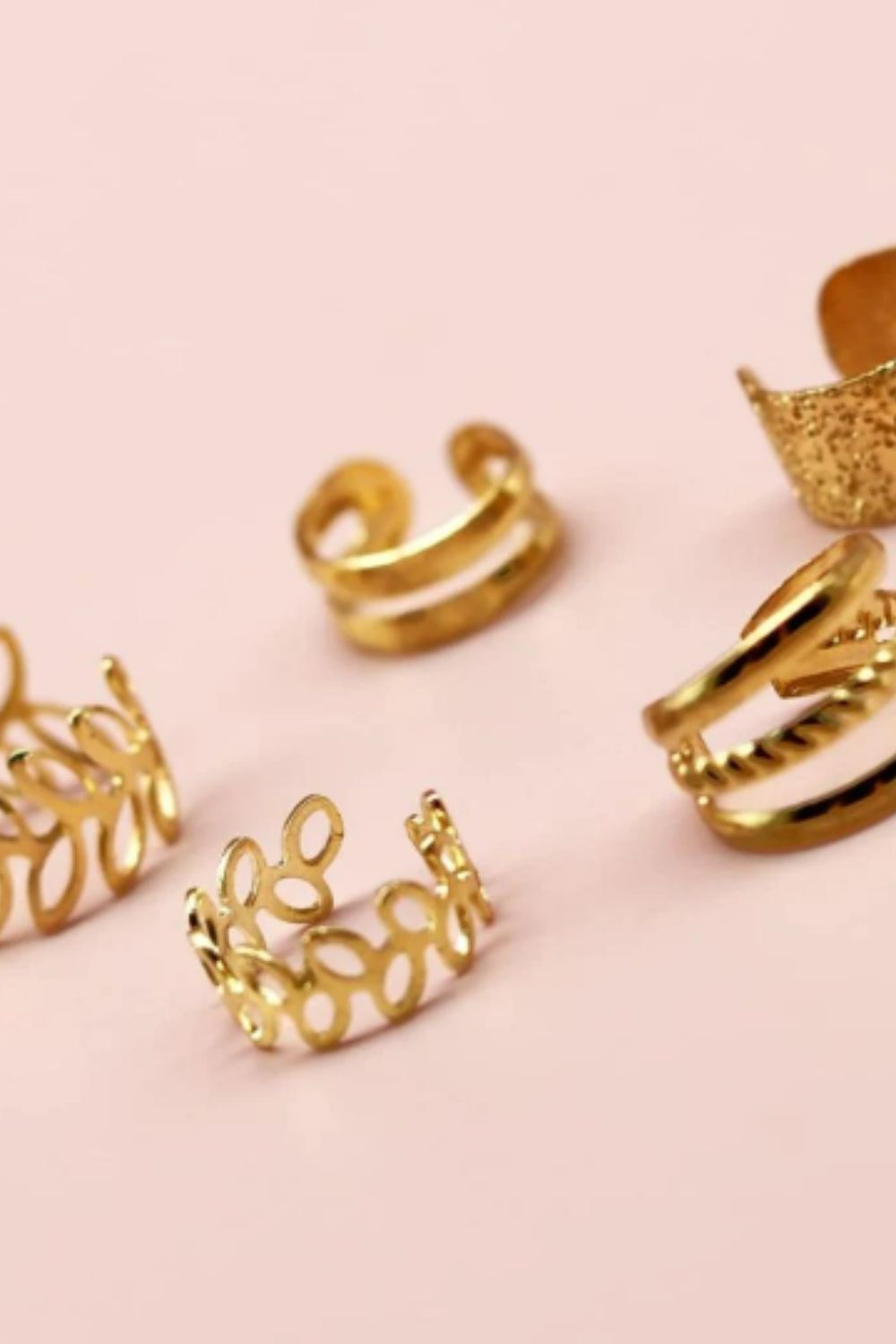 Gold The Colourful Aura Gold 5‑Piece Adjustable Slim Leaf Wire‑Wrap Ear Cuff Set, Gold and Silver, Image 3 of 3