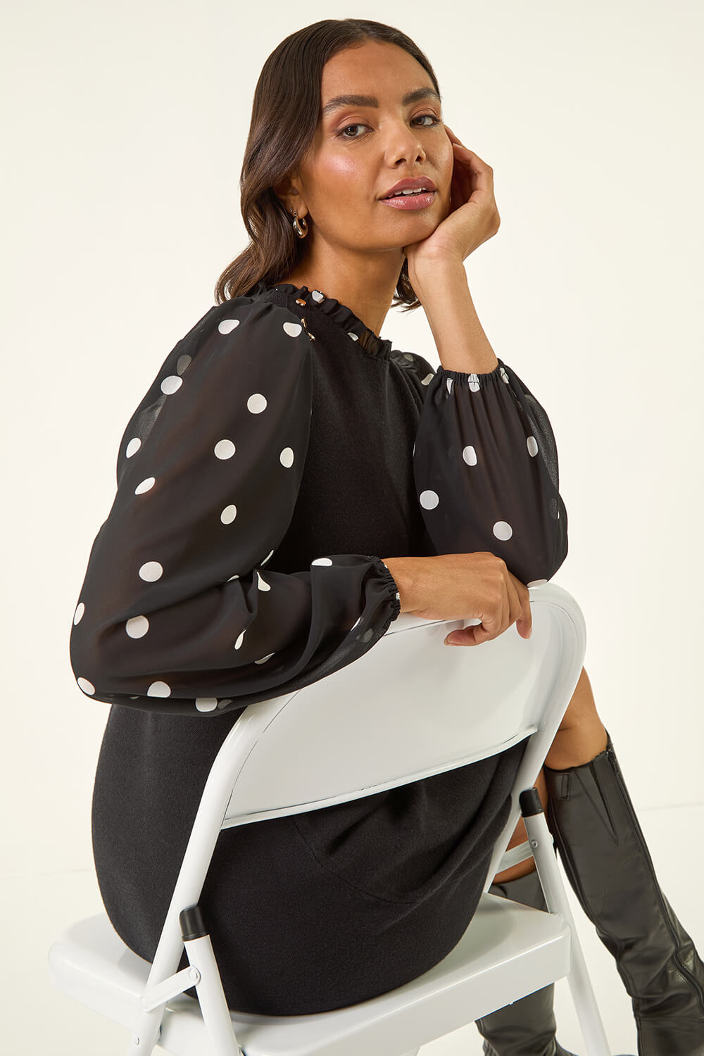 Black Polka Dot Frill Knitted Dress, Image 3 of 5
