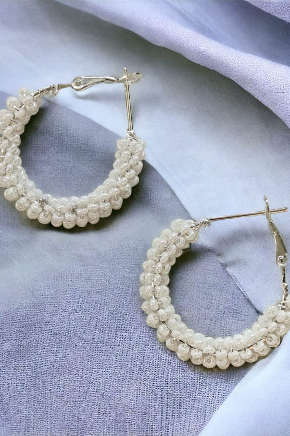White Large Bead Braided Boho Huggie Hoop Earrings, Image 2 of 2
