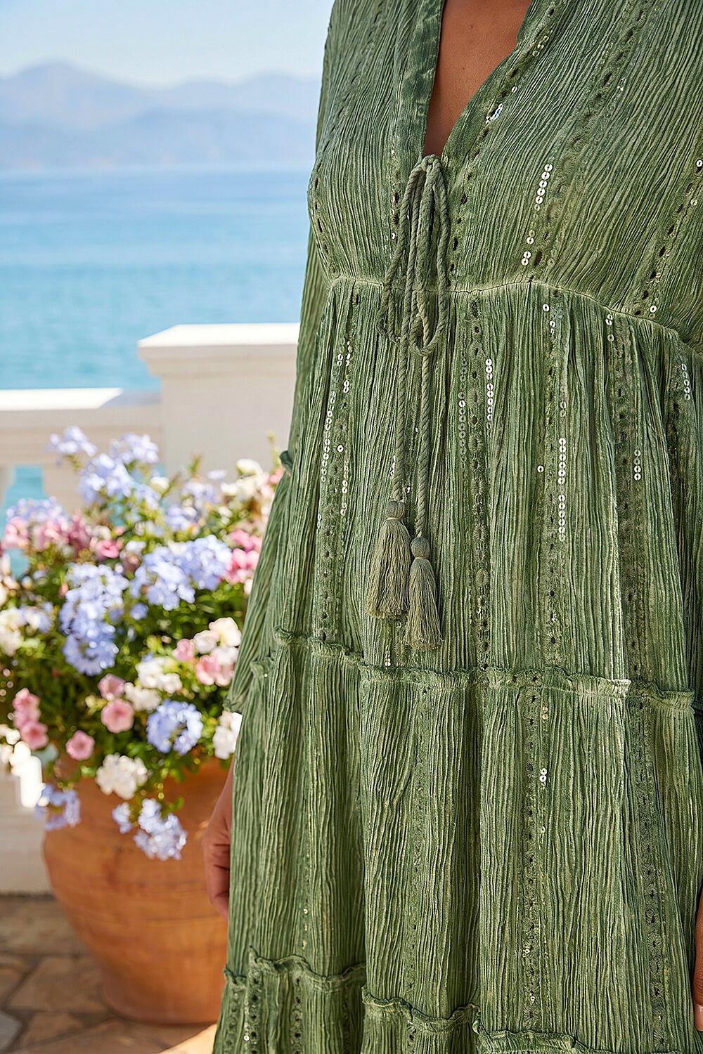Green Shimmer Tie Detail Smock Dress, Image 5 of 4