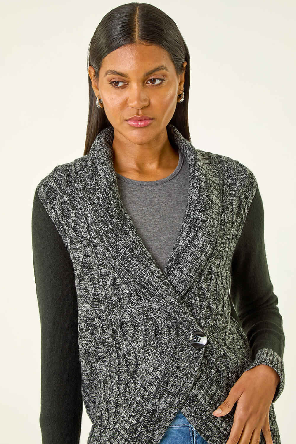 Charcoal Textured Knit Wrap Cardigan, Image 5 of 5