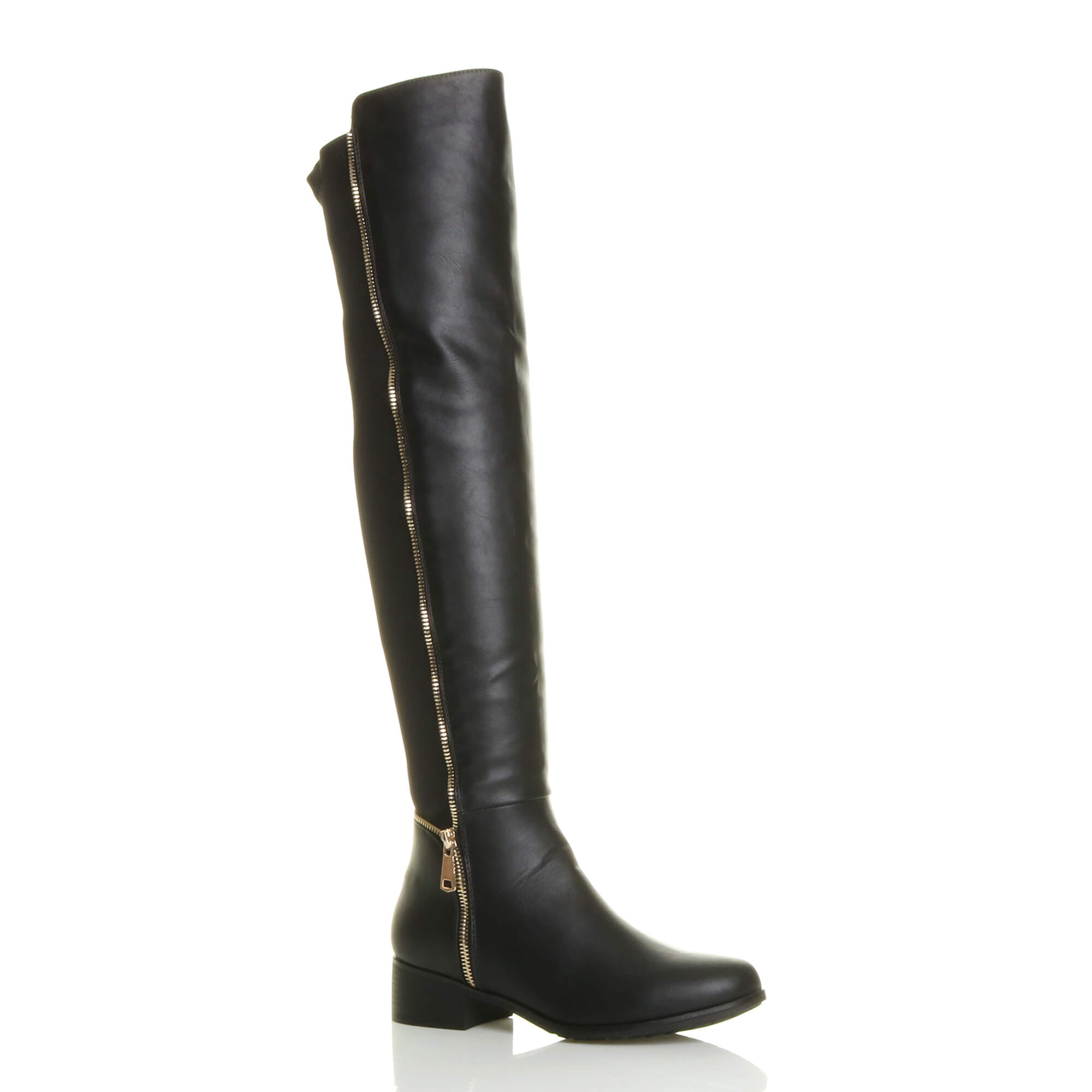 Black Elastic Gold Zip Over The Knee Boots