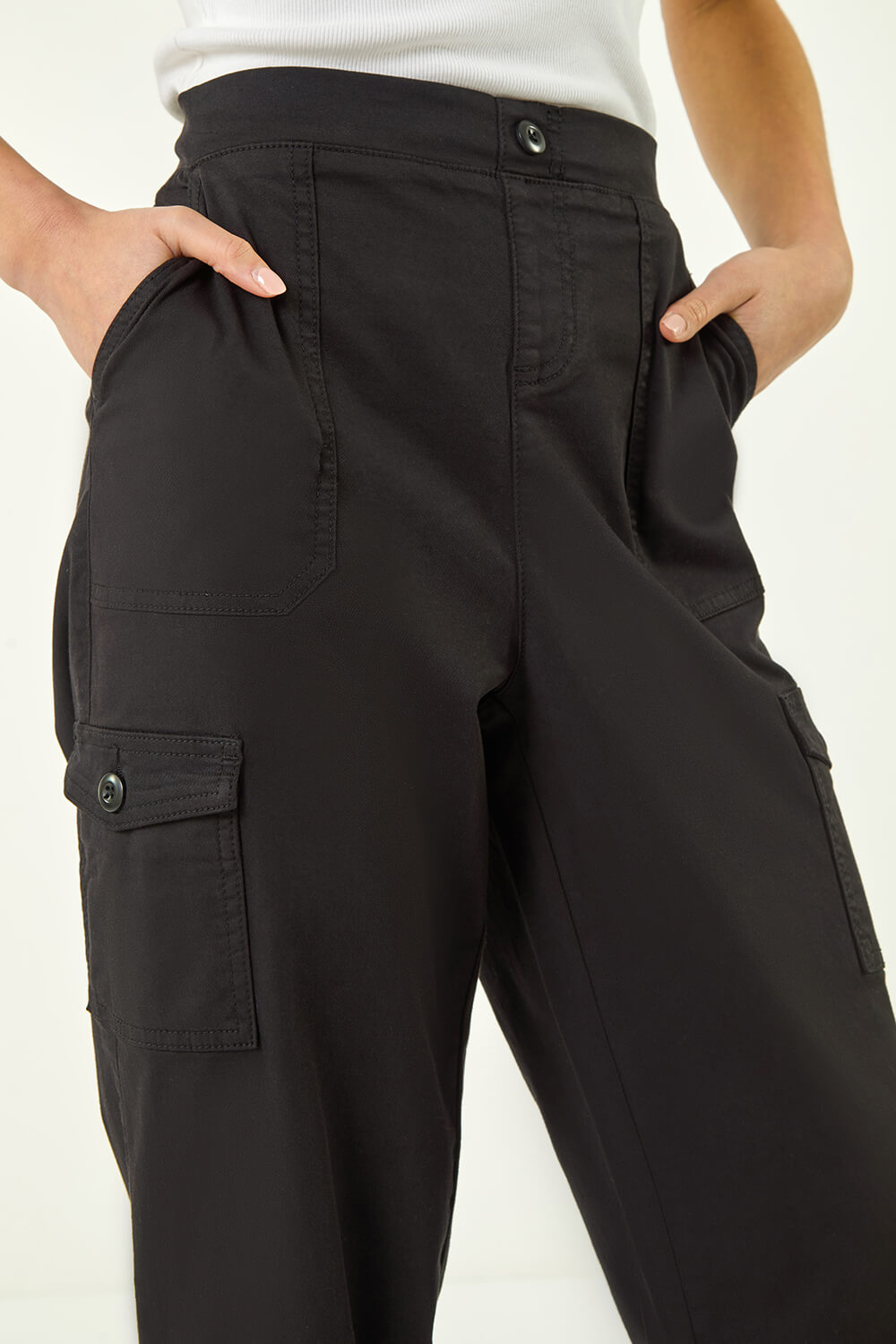 Black Petite Cotton Cargo Stretch Trousers , Image 6 of 5