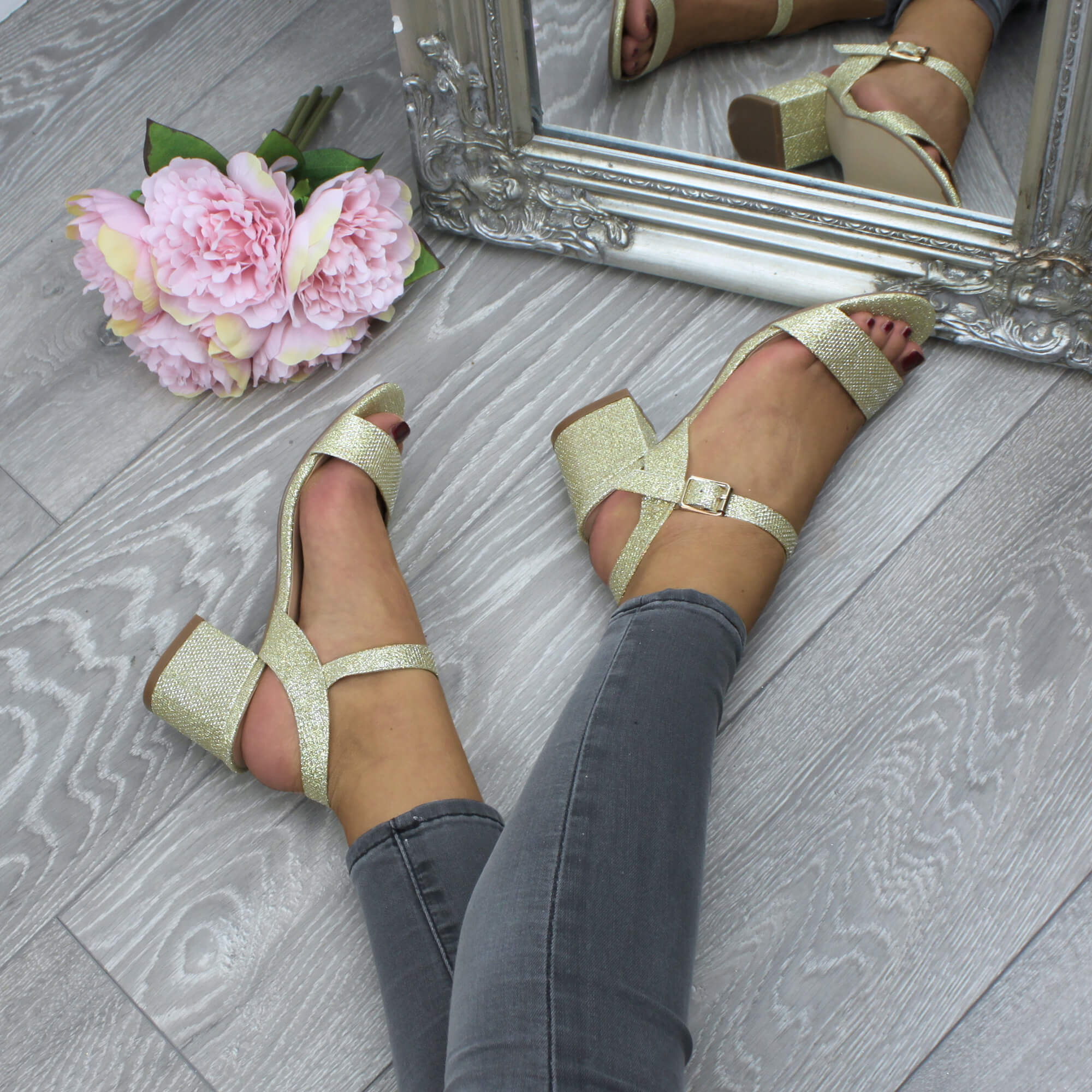 Gold AJVANI Gold Mid Block Heel Strappy Sandals, Image 5 of 6