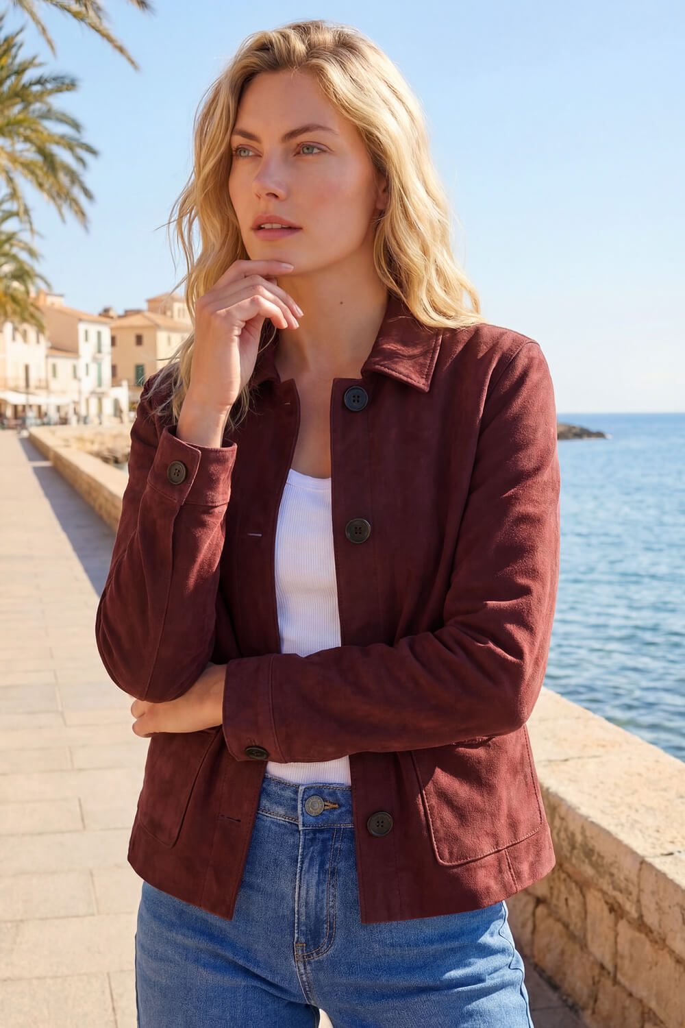 Burgundy Faux Suede Button Jacket, Image 1 of 4