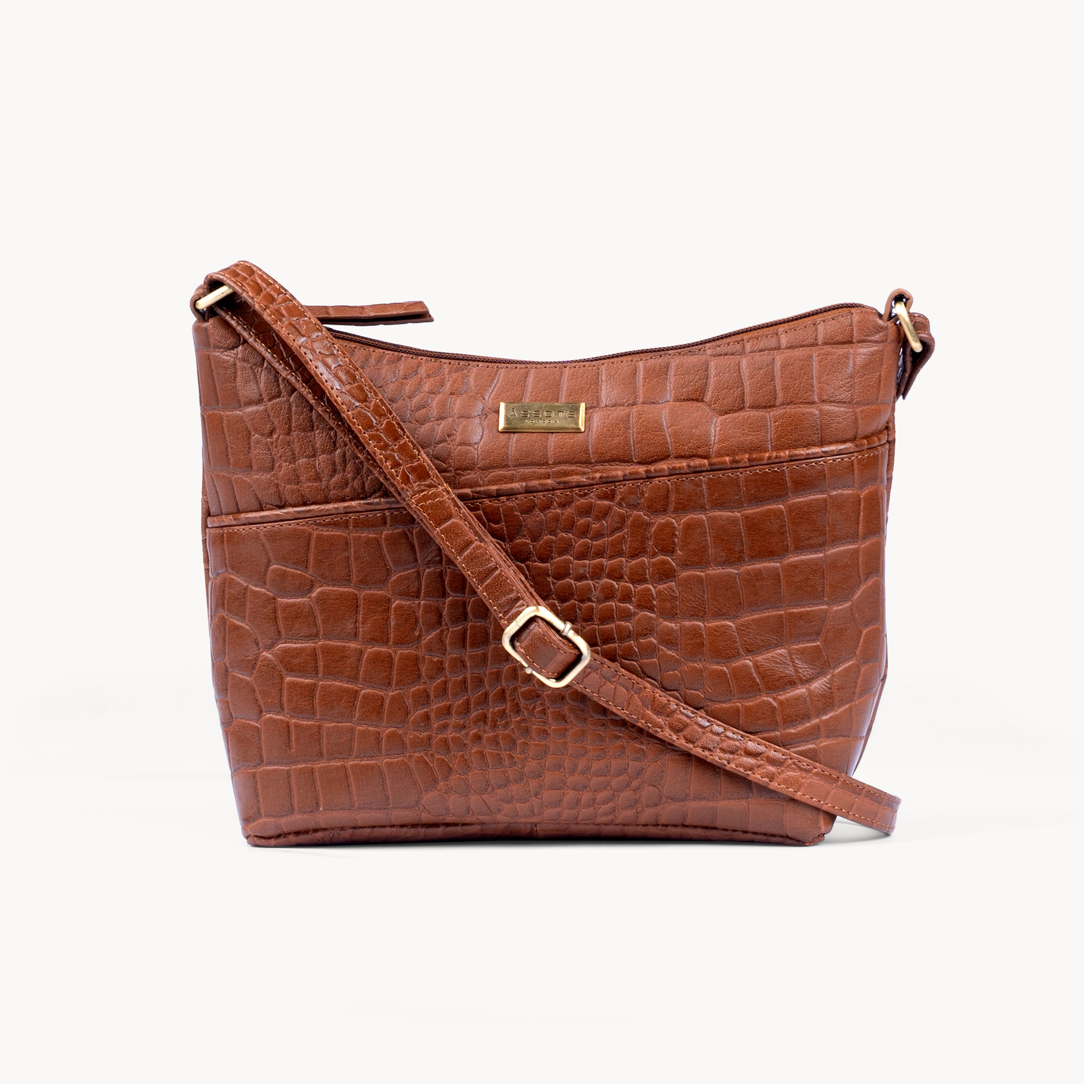 Tan Assots London Tan 'CAROL' Embossed Croc Real Leather Designer Crossbody Shoulder Bag, Image 1 of 4