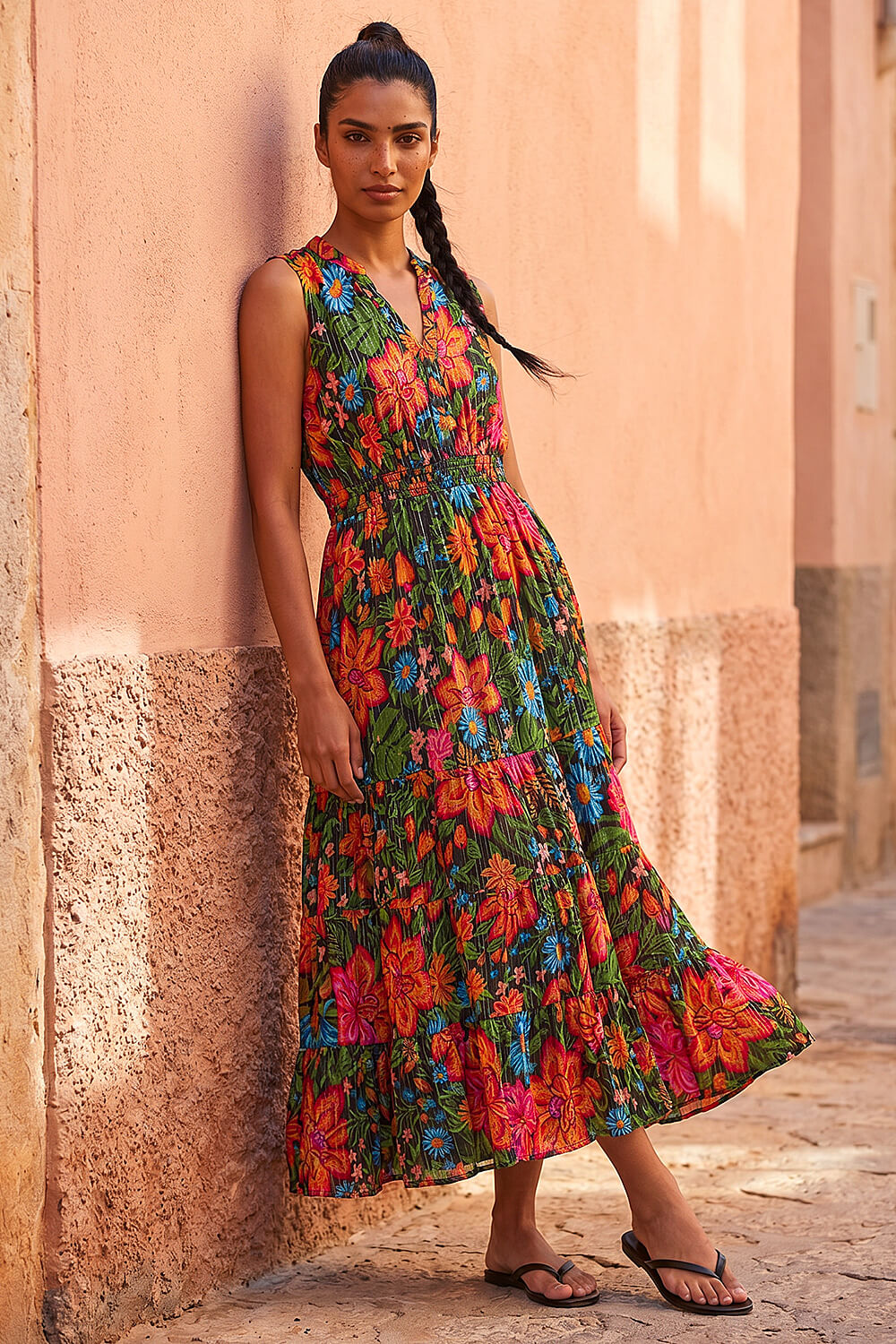 Red Floral Shirred Maxi Dress, Image 3 of 4