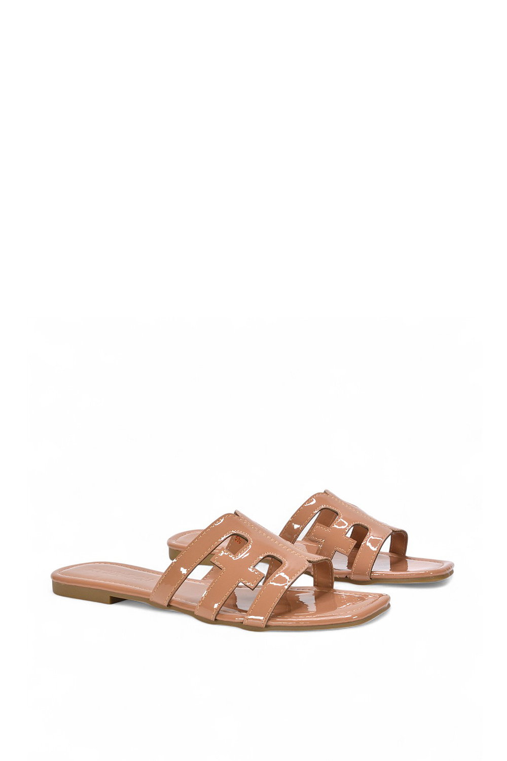 Taupe XY LONDON Taupe 'Ellie' Square Toe Cut Out Strap Flat Sandal Slides, Image 3 of 5