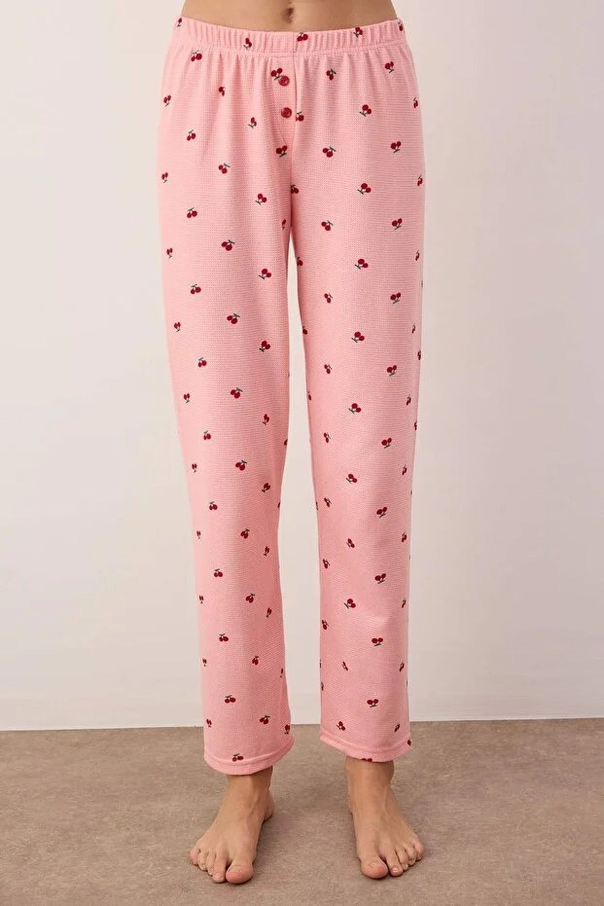 Pink WOVCOR Pink Cherry Embroidered Zip Neck Long Sleeve Waffle Knit Pyjama Set, Image 2 of 3