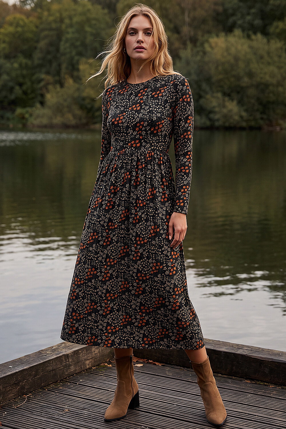 Roman Women's Black Ditsy Floral Gathered Midi Dress Size 10
