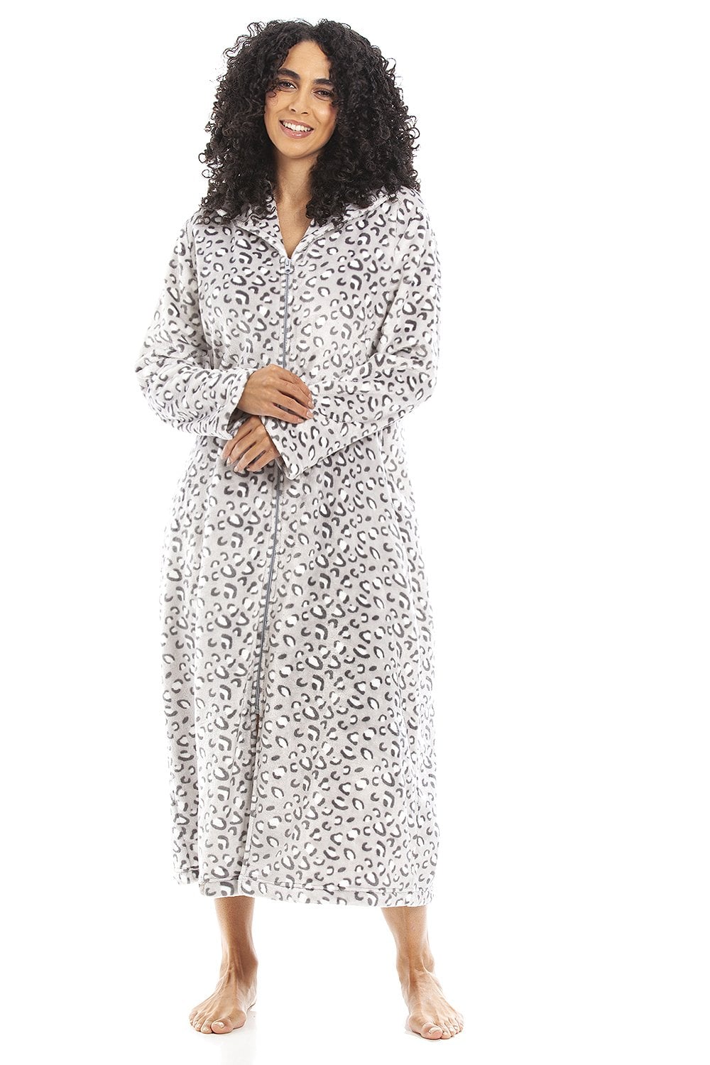 Light Grey Camille Lingerie Light Grey Supersoft Fleece Zip Up Animal Print Robes, Image 1 of 5