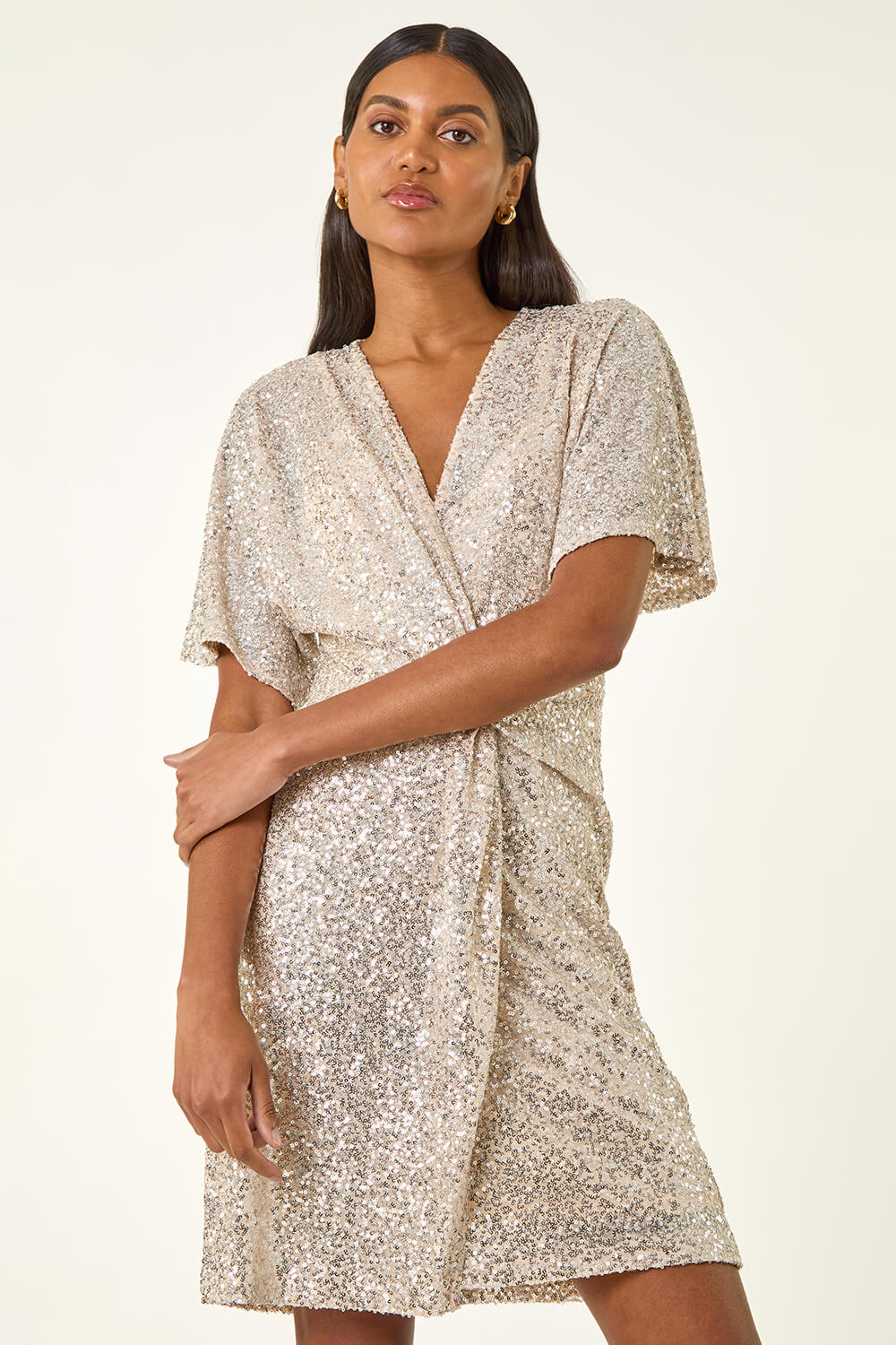 Silver Sequin Twist Front Stretch Dress, Image 4 of 7