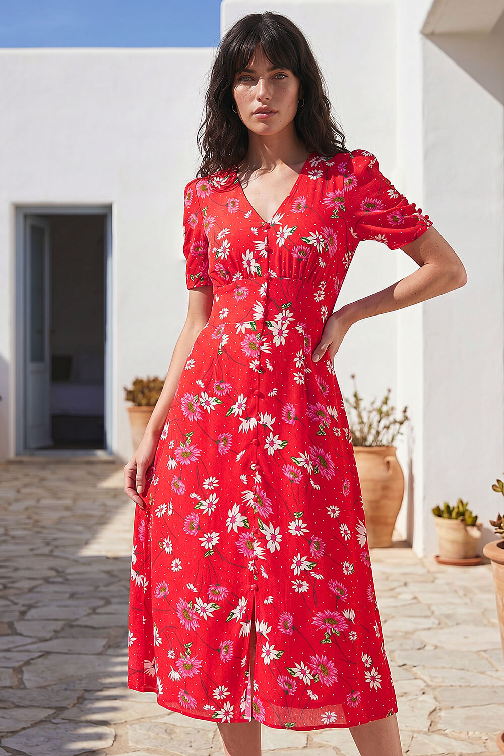 Red Floral Ruched Sleeve Dress, Image 3 of 4