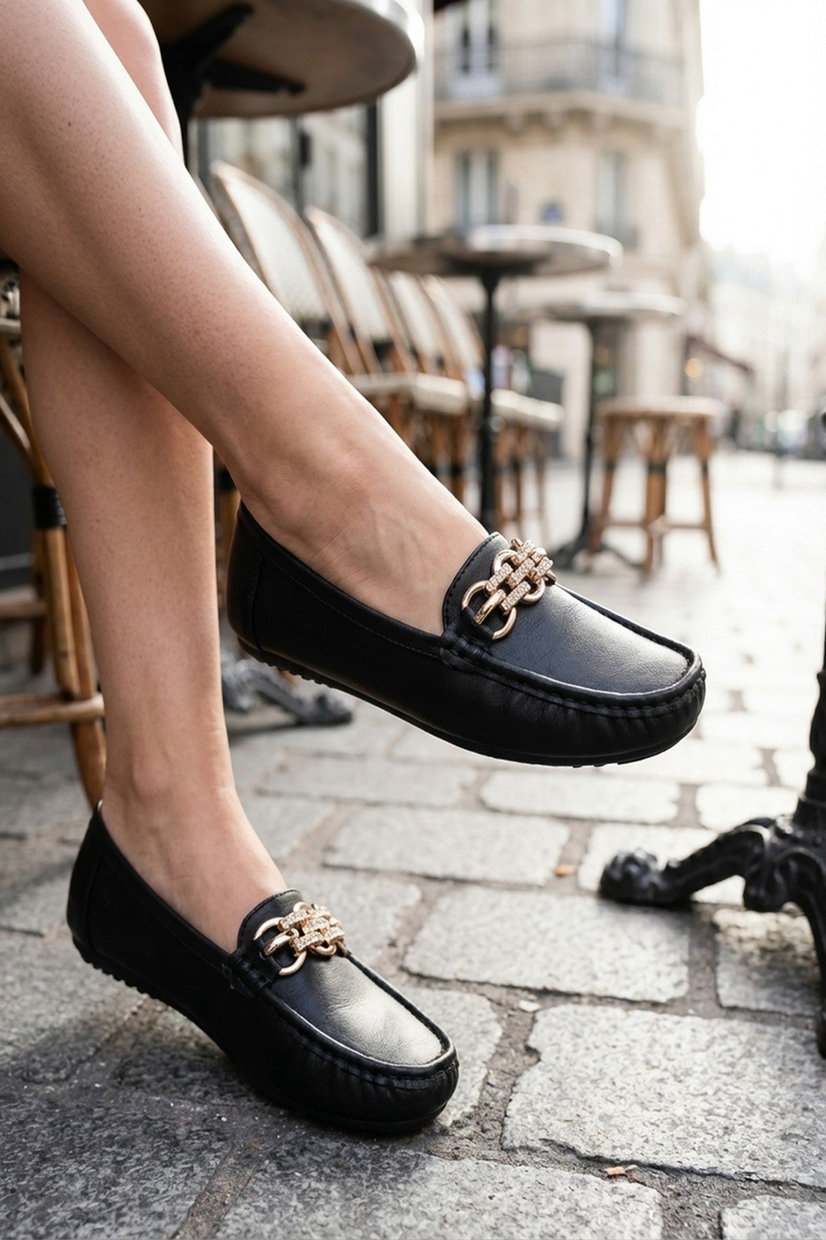 Black Olivia Womens Rhinestone Chain Loafers