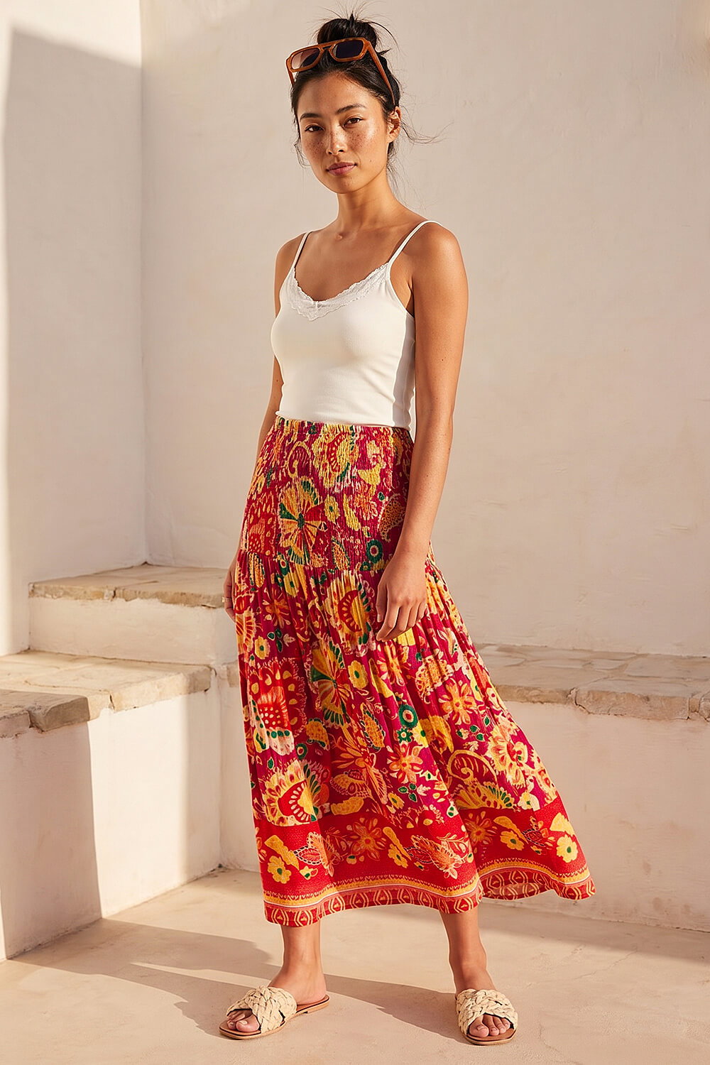 Pink Petite Print Shirred Midi Dress, Image 6 of 5