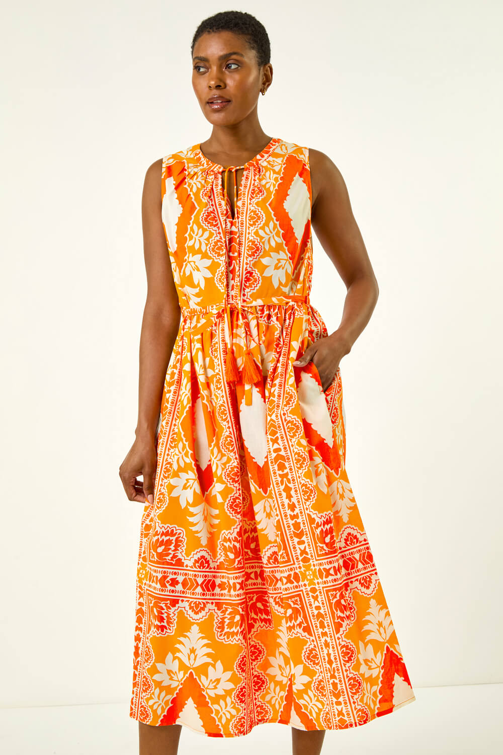 Orange Abstract Tie Neck Midi Dress, Image 1 of 5