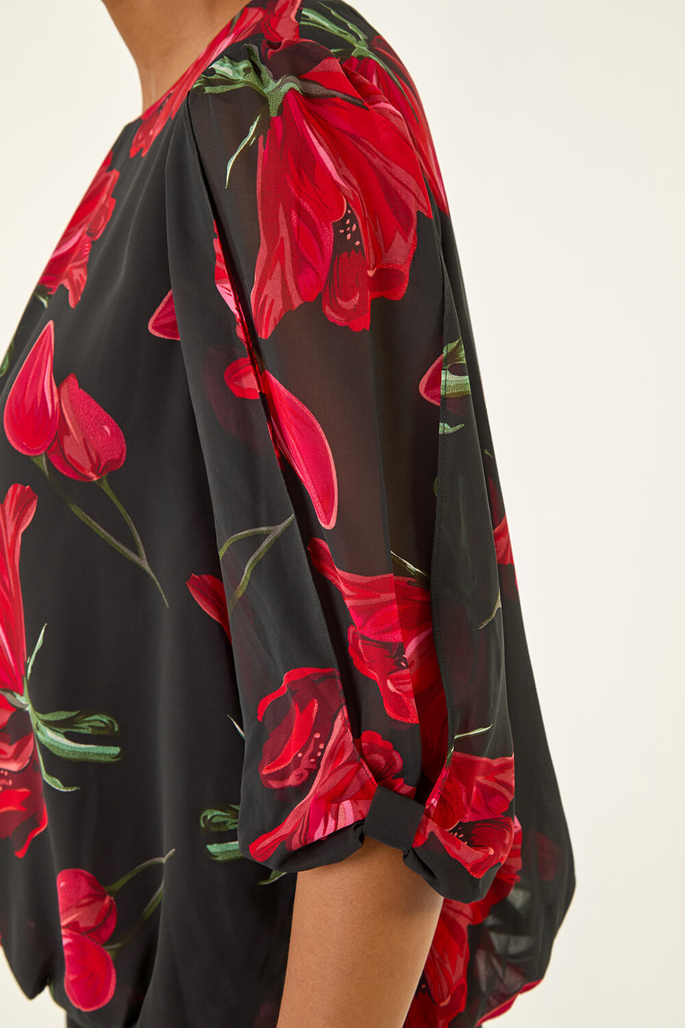 Red Floral Shoulder Bow Pleated Top, Image 6 of 5