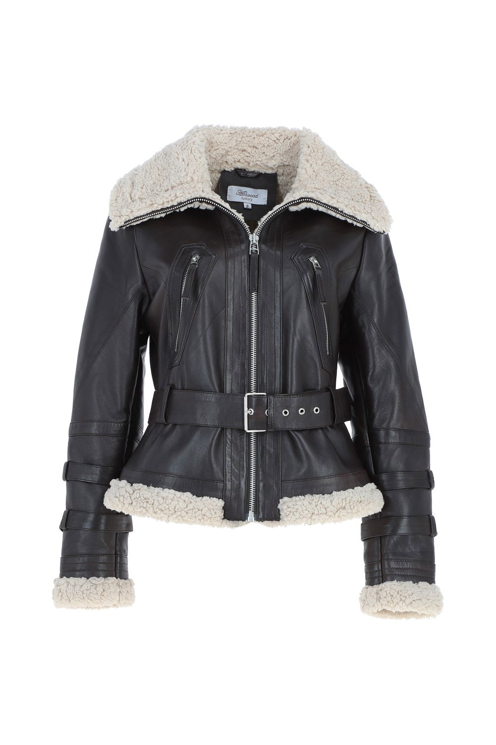 Chocolate '2420' Ladies Leather Aviator Jacket With Oversized Fur Collar, Image 2 of 5