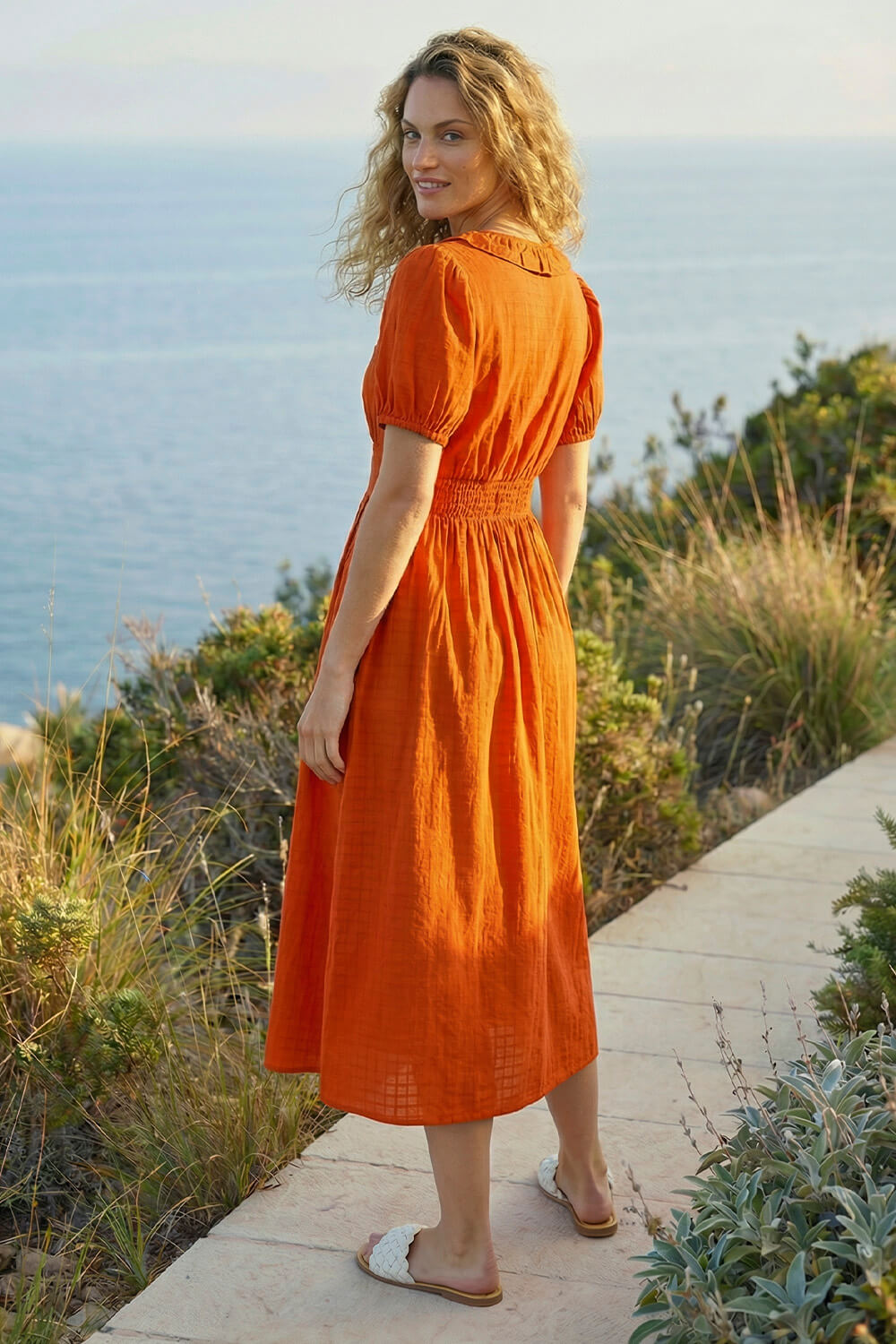 Orange Textured Frill Midi Dress, Image 5 of 4