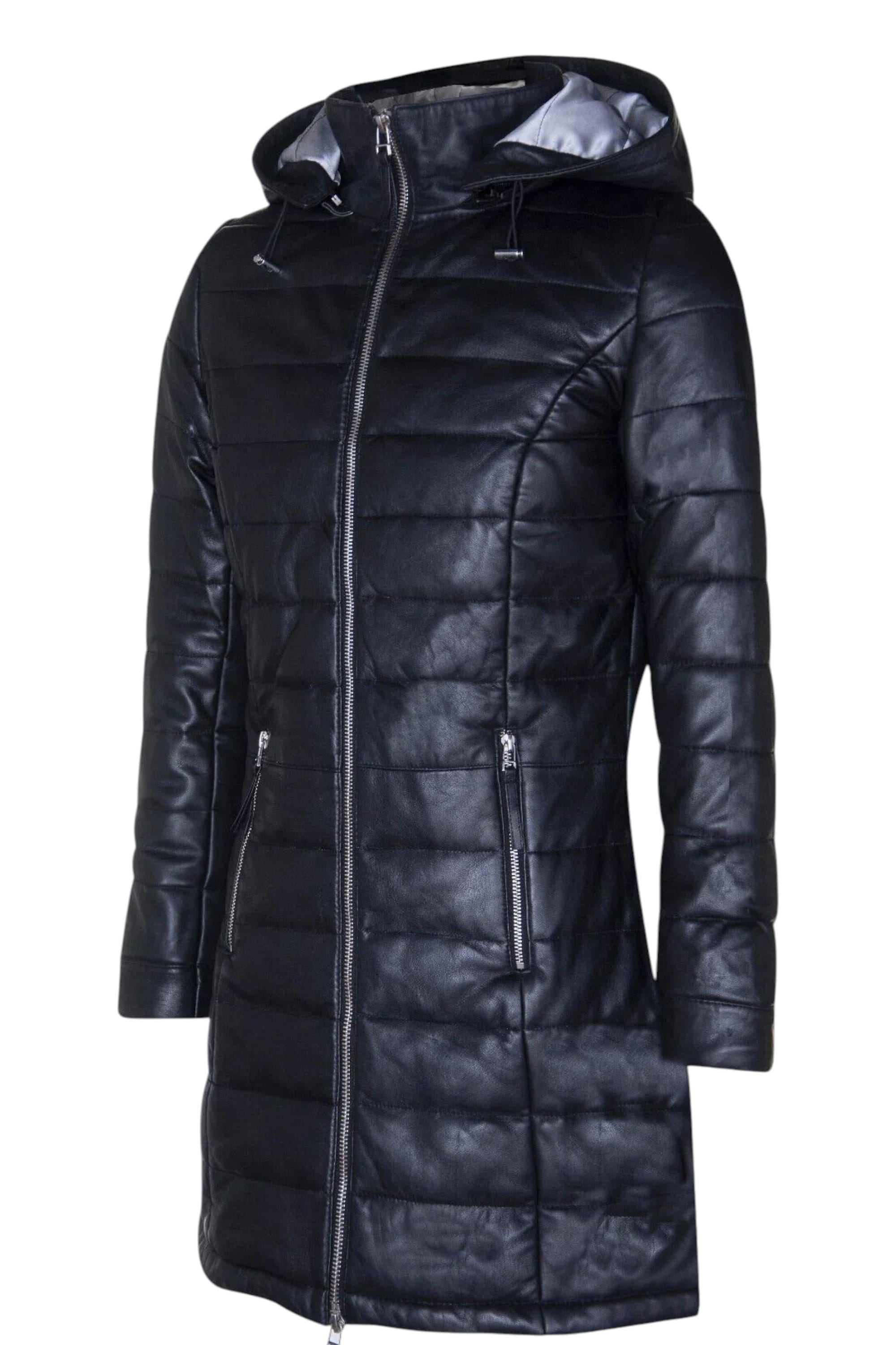 Black Womens Leather Puffer Parka Jacket-Andri, Image 2 of 4