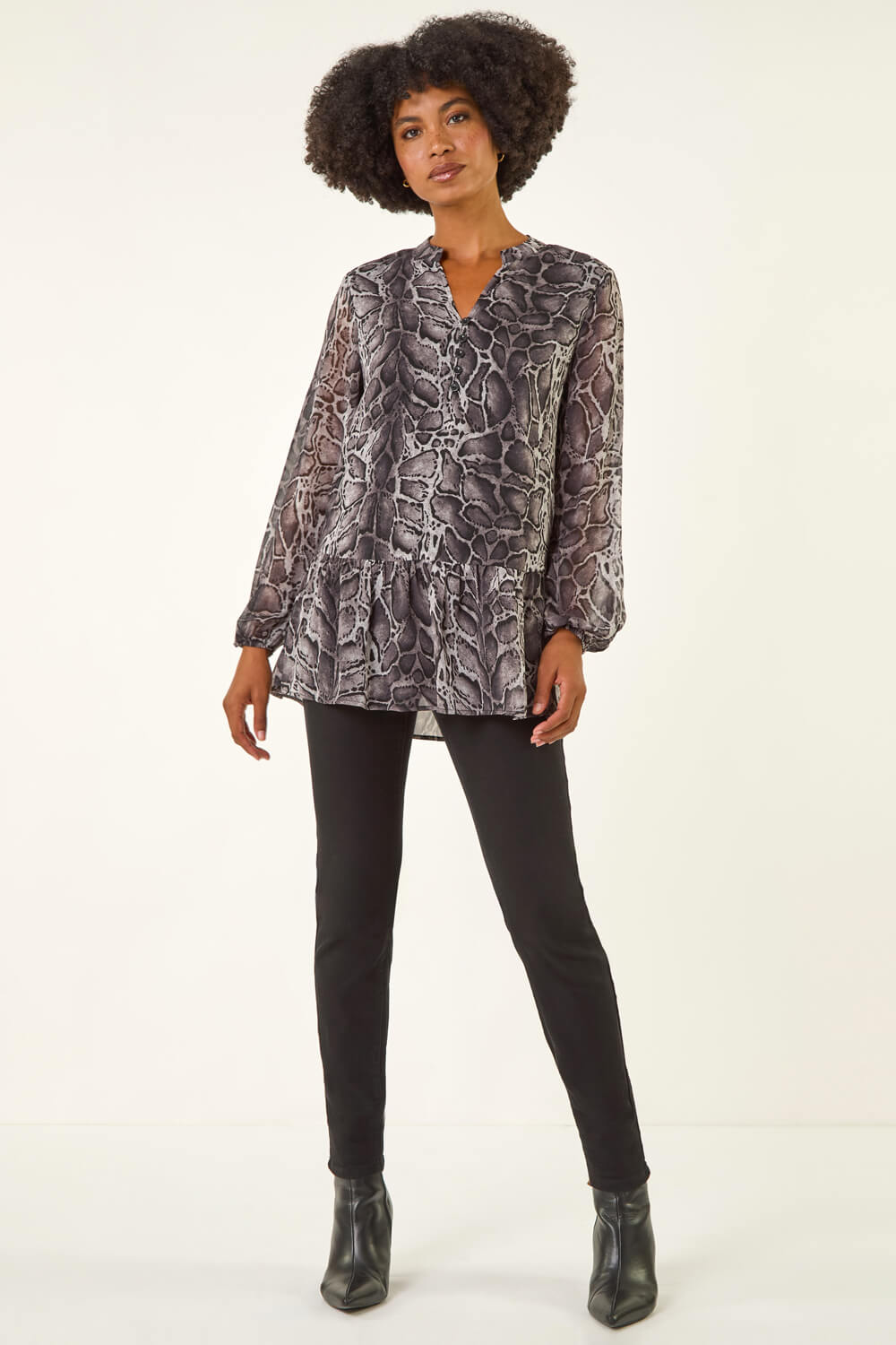 Dark Grey Snake Print V-Neck Tunic Top, Image 3 of 5