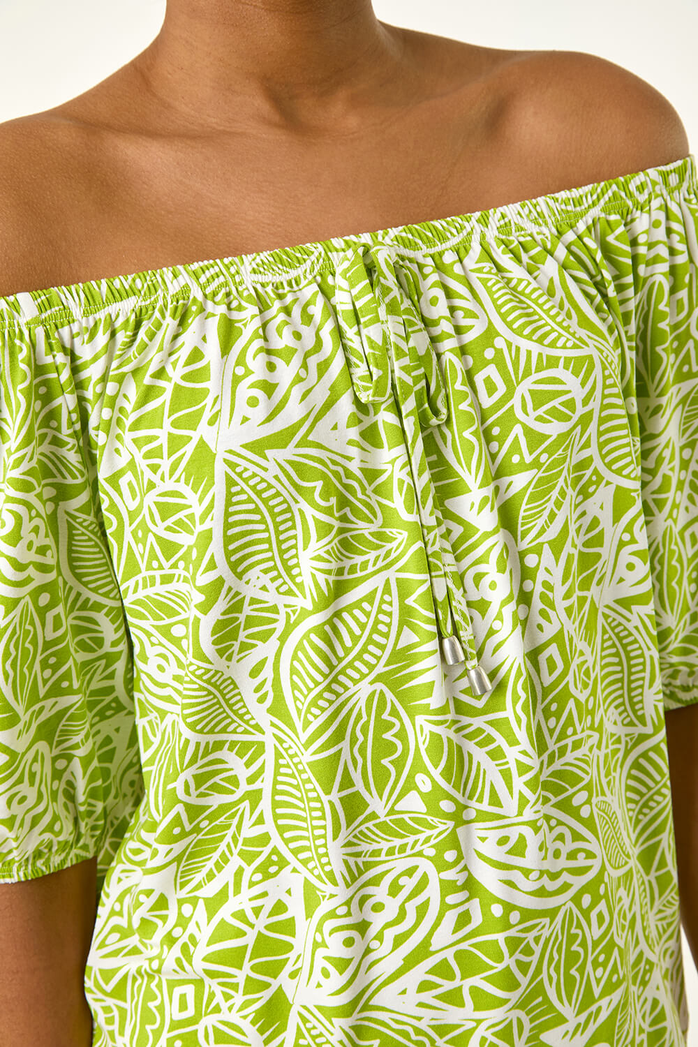 Green Floral Print Bardot Stretch Top, Image 6 of 5