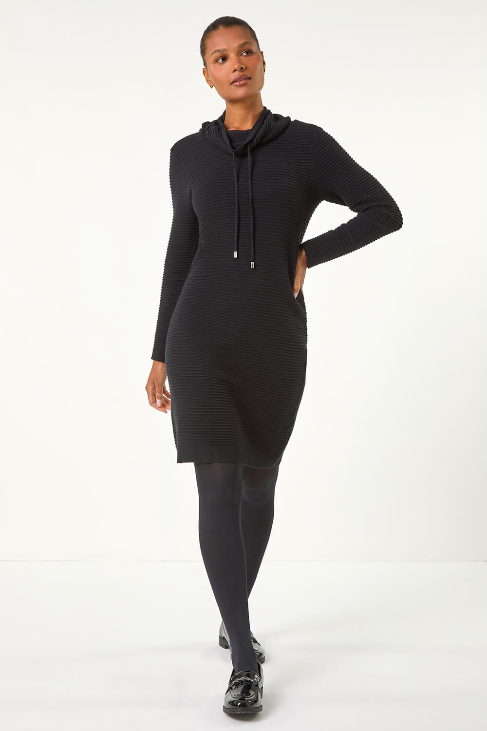 Black Ribbed Cowl Neck Jumper Dress, Image 3 of 5