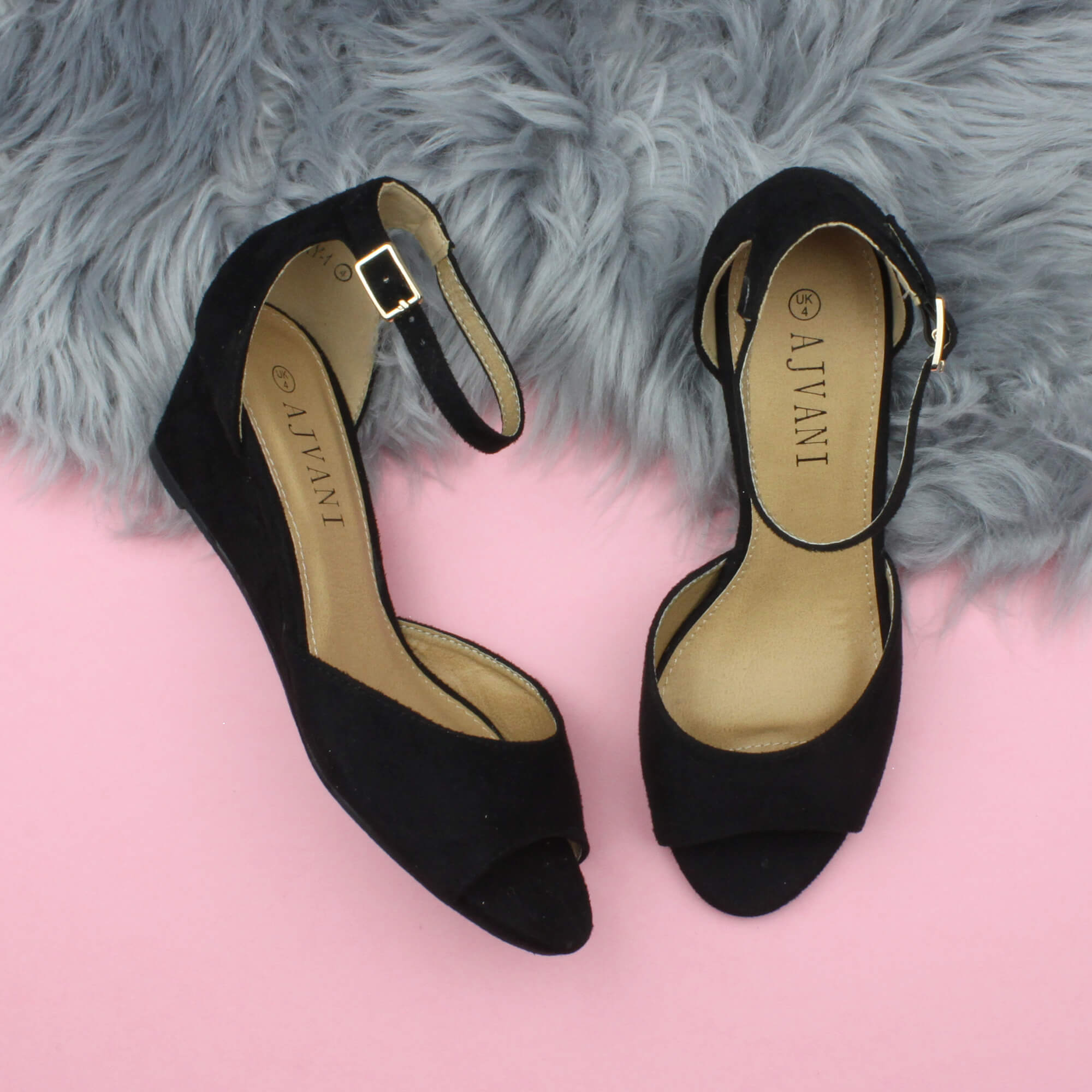 Black AJVANI Black Mid Wedge Heel Ankle Strap Sandals, Image 4 of 6