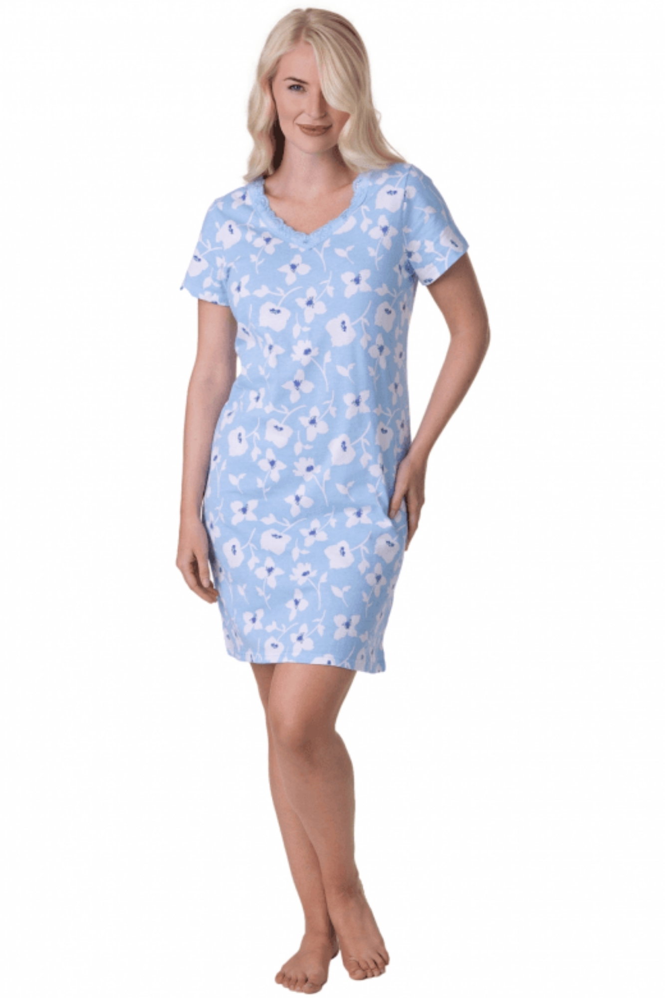 Blue Camille Lingerie Blue Floral Print Cotton Nightdress, Image 1 of 5