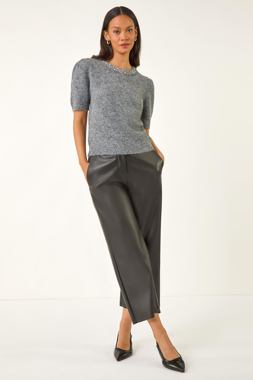 Grey Dusk Sparkly Diamante Knit Jumper, Image 3 of 5