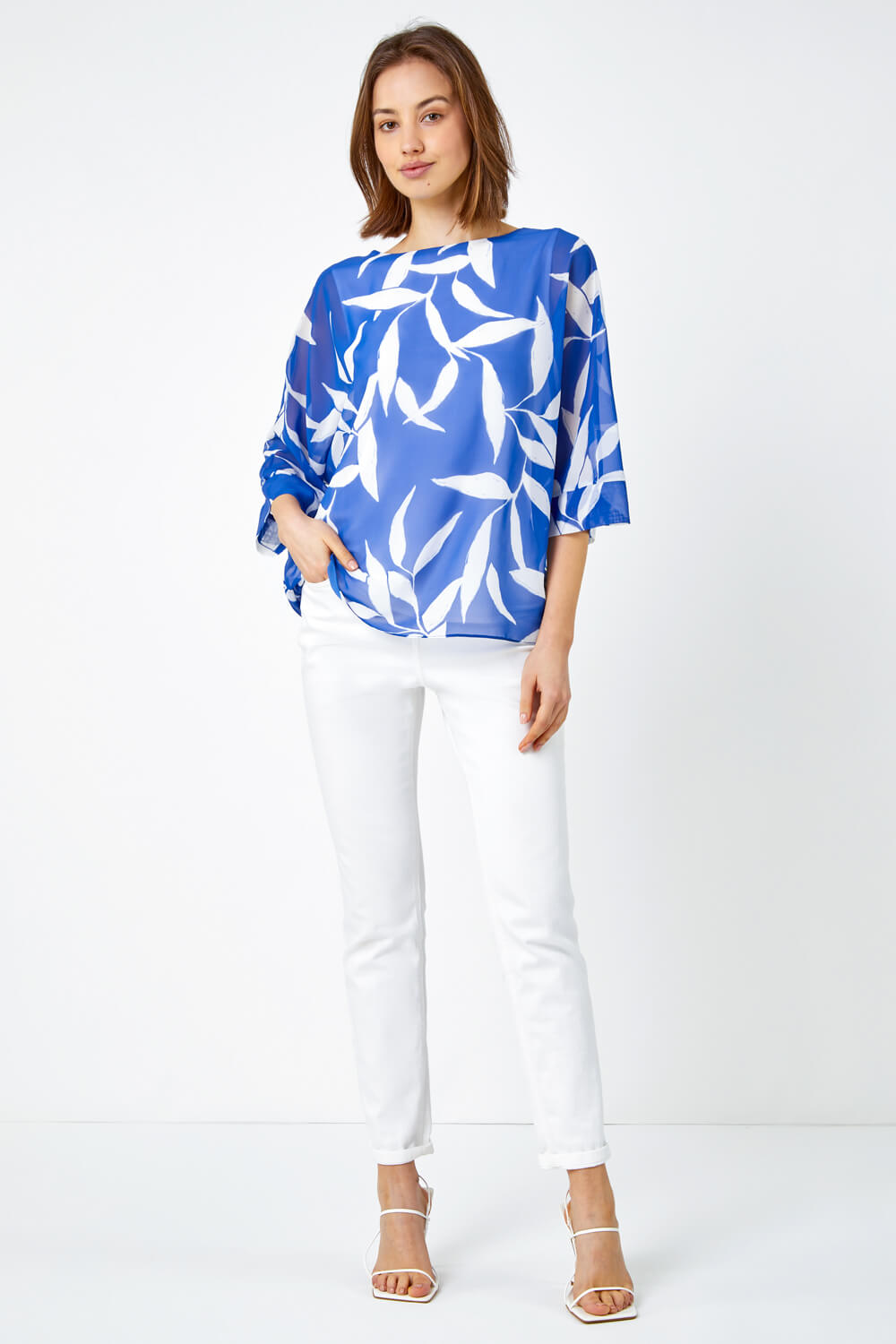 Blue Leaf Print Chiffon Overlay Top, Image 3 of 5