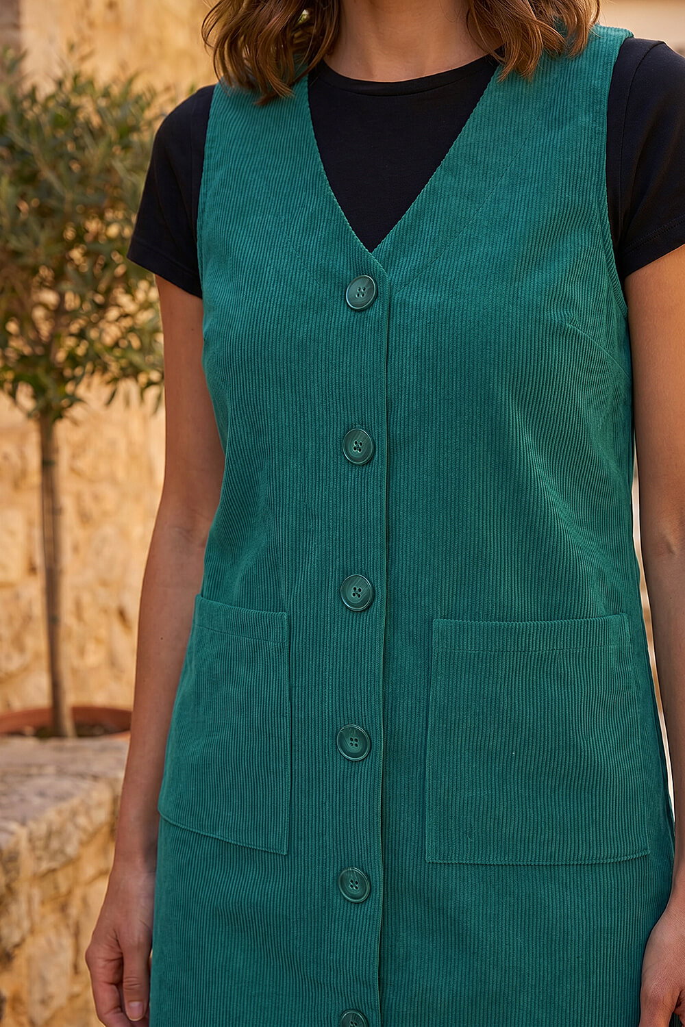 Dark Green Petite Cord Pinafore Dress, Image 5 of 4