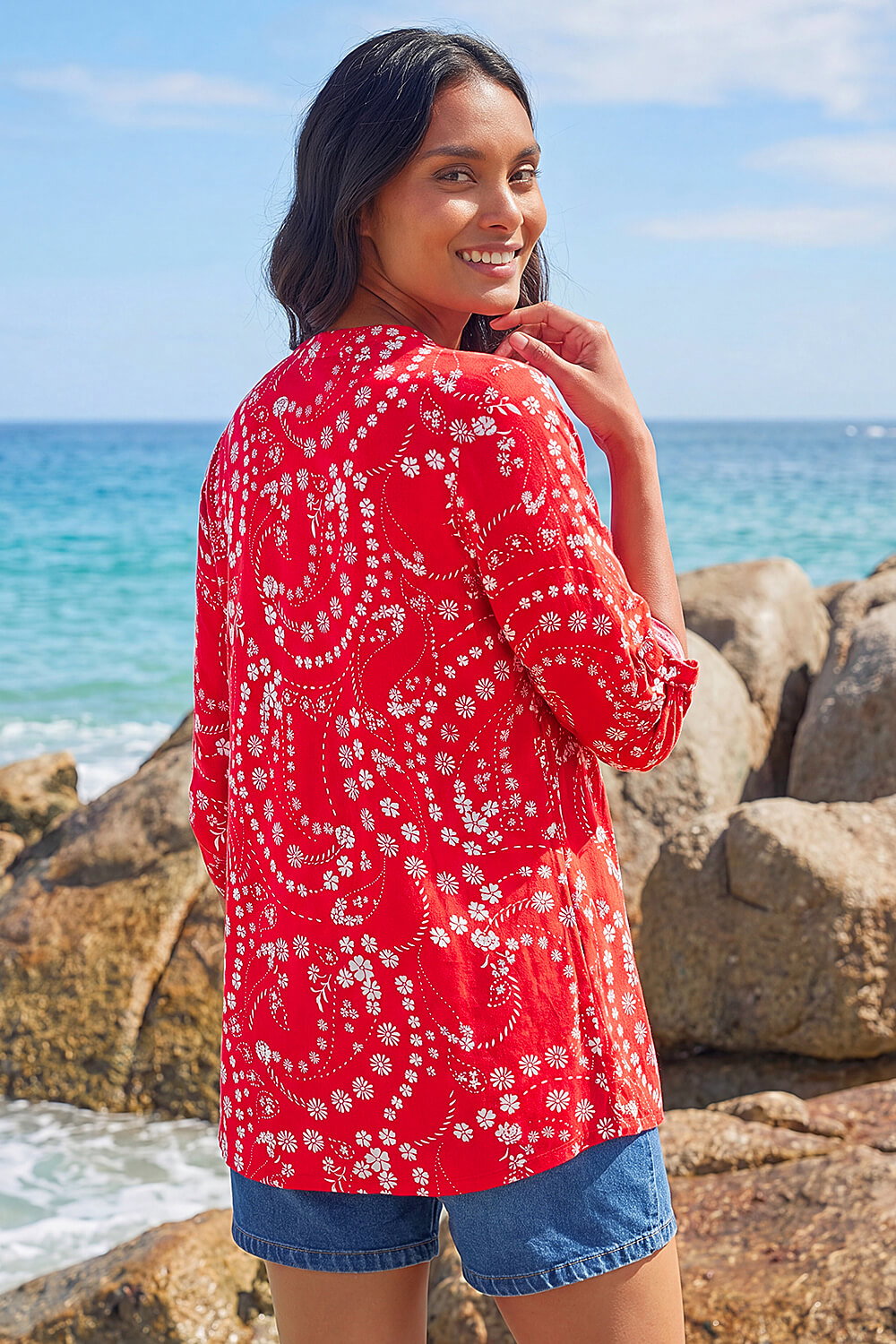 Red Ditsy Print Pintuck Stretch Shirt , Image 4 of 4