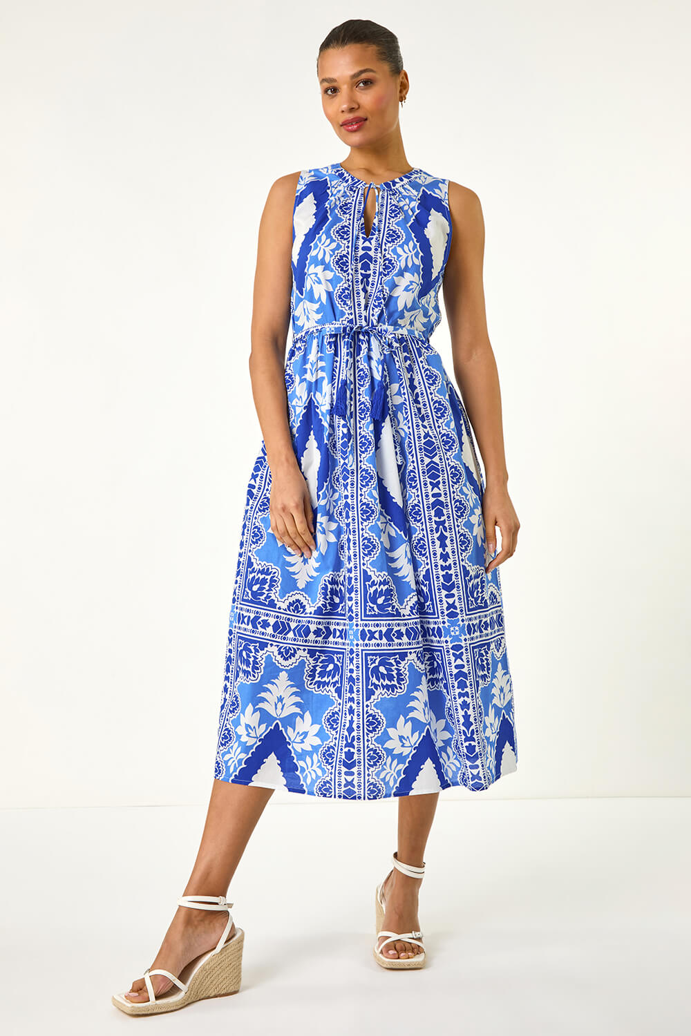 Blue Abstract Halter Neck Midi Dress, Image 3 of 5