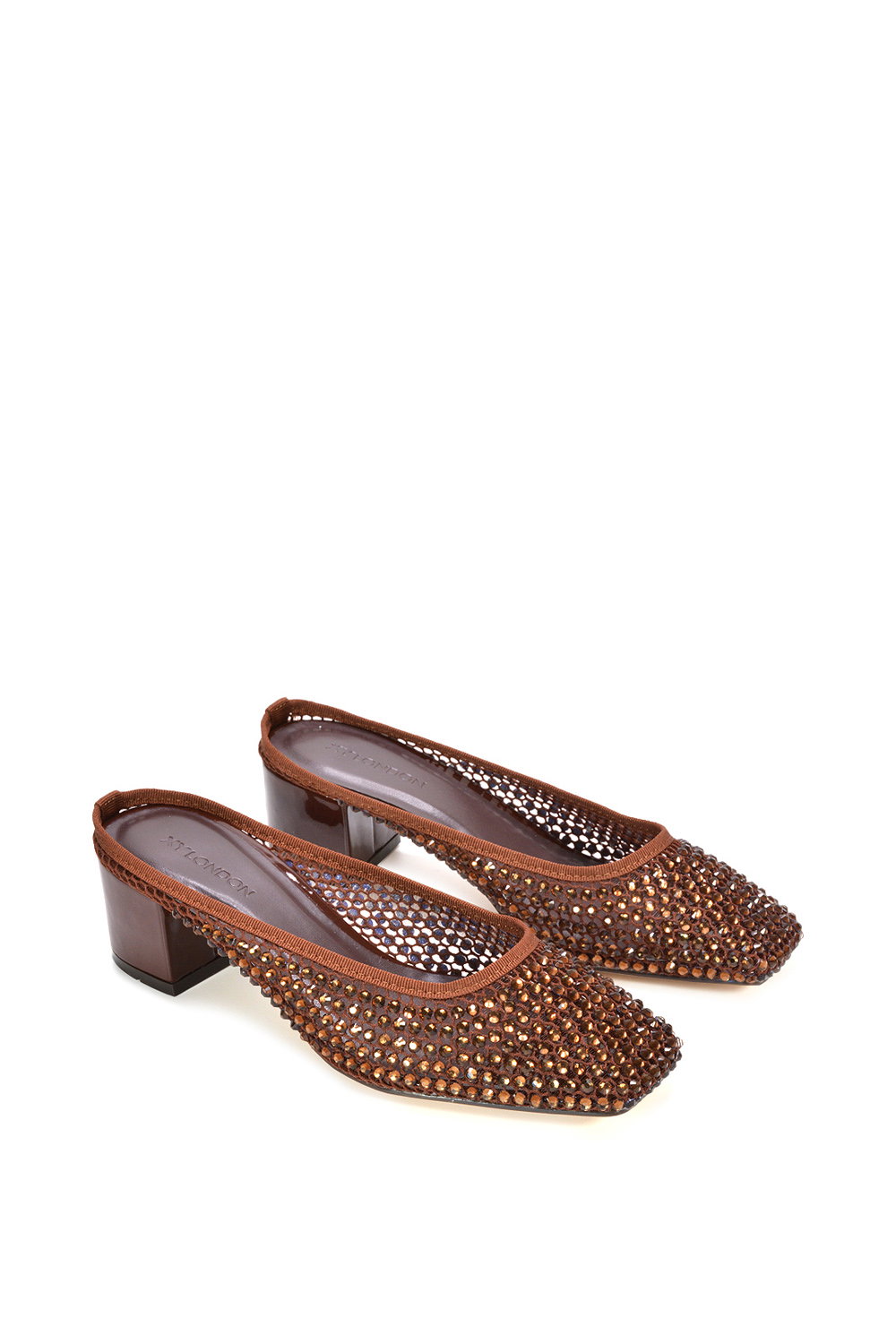 Brown XY LONDON Brown 'Brooklyn' Square Toe Court Shoe Mule Block Heels With Crystal Mesh, Image 5 of 6