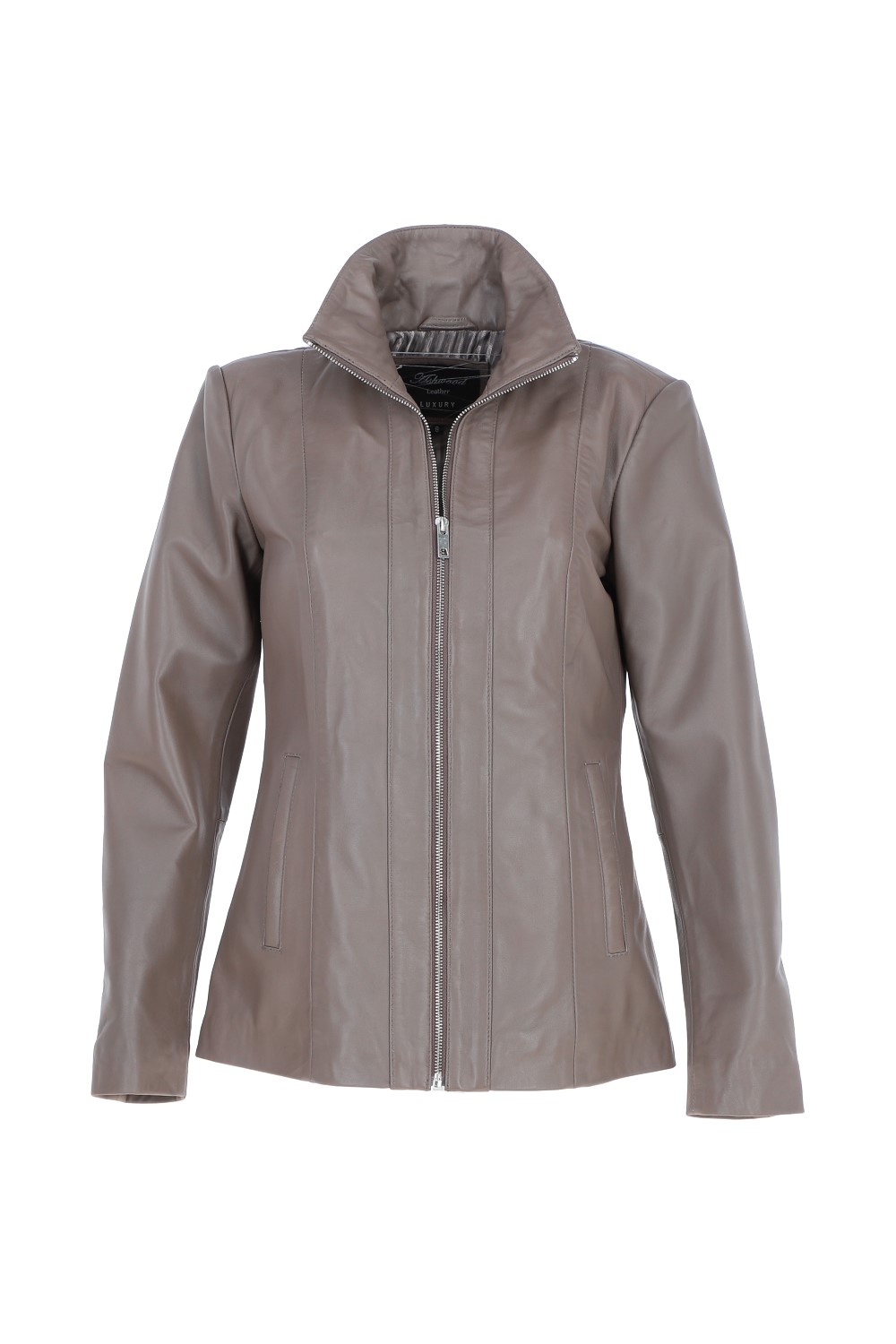 Taupe Casual Leather Jacket with Classic Collar, Image 2 of 5