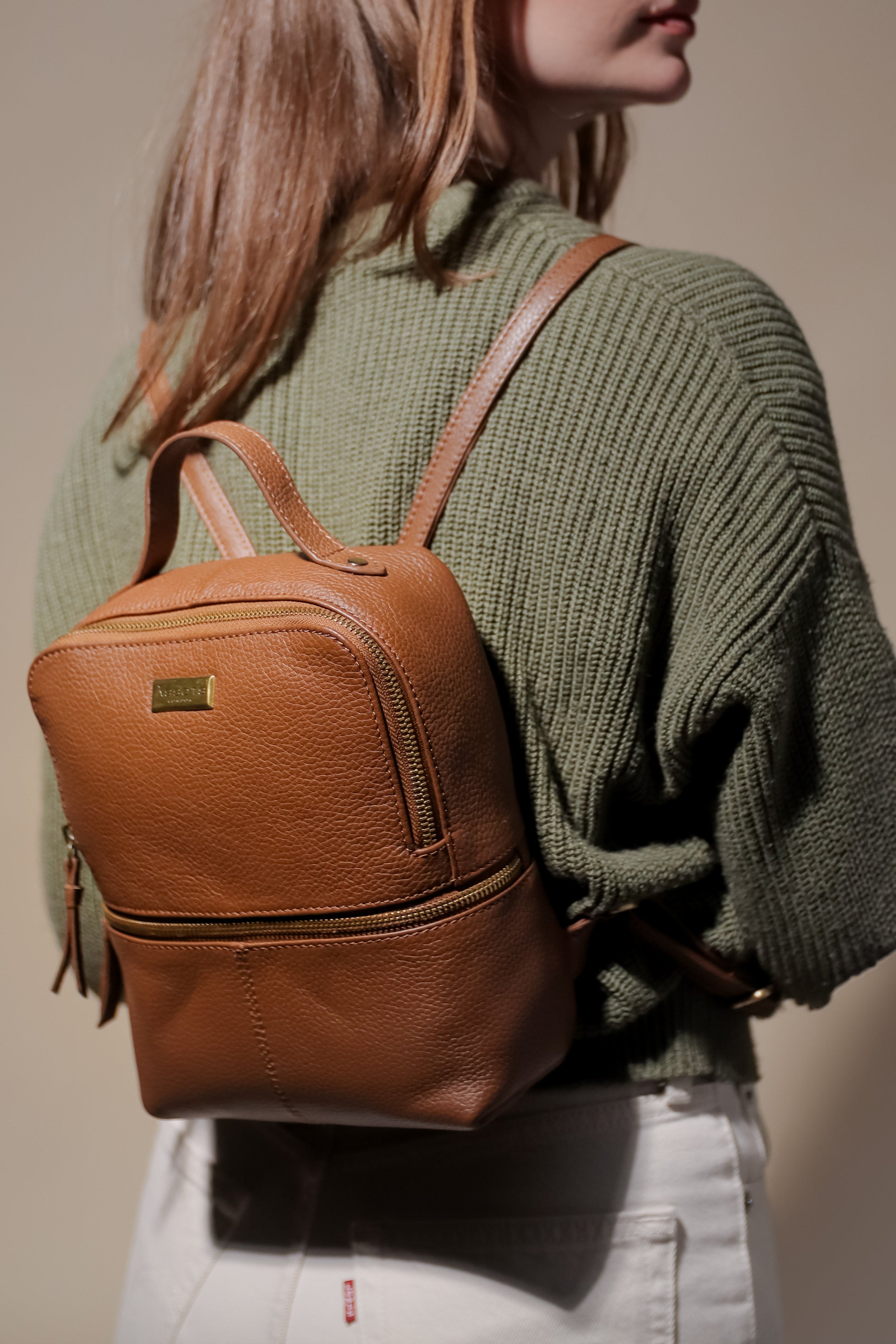 Tan Assots London Tan 'ELLA' Pebble Grain Mini Real Leather Backpack for Women, Image 2 of 5