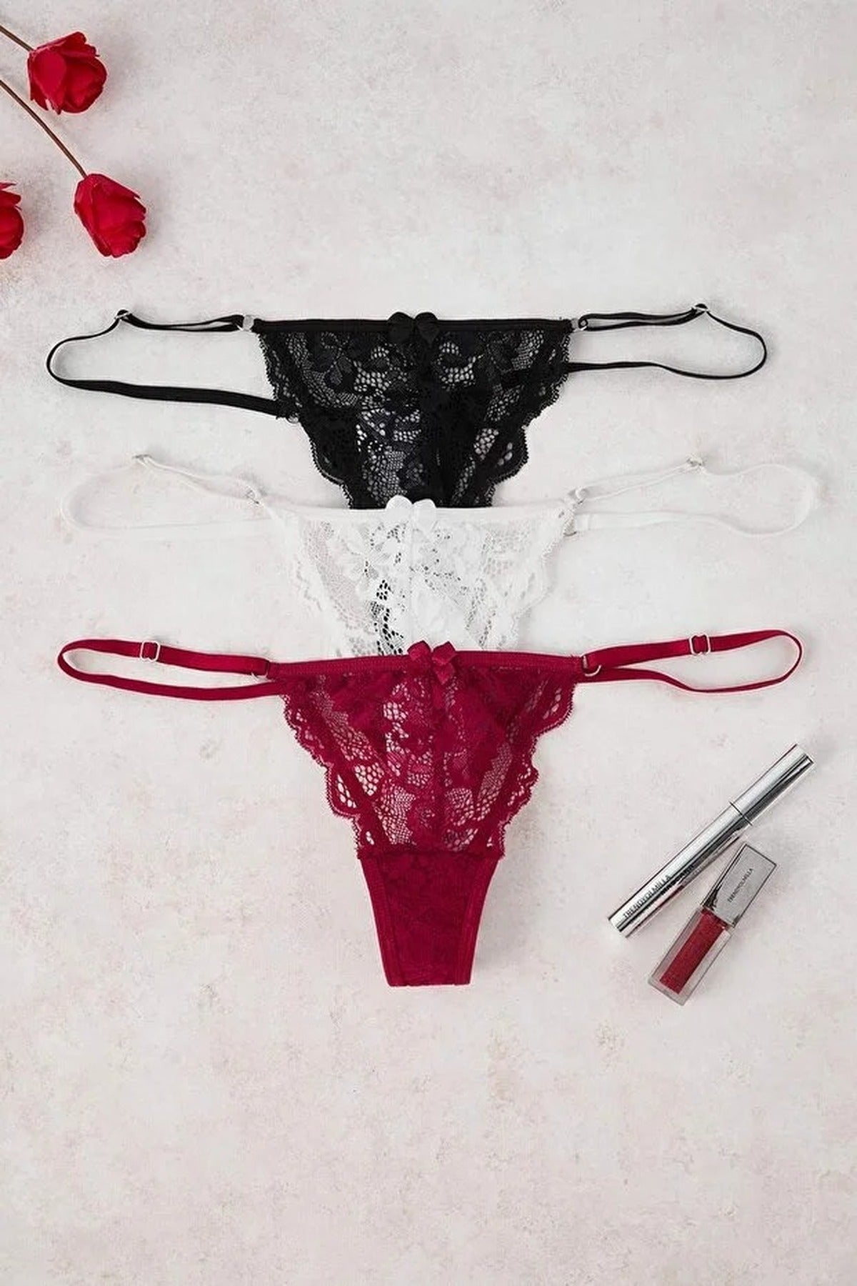 Multi 3 Pack Lace Strappy Thong Briefs with Bow Detail, Image 3 of 3