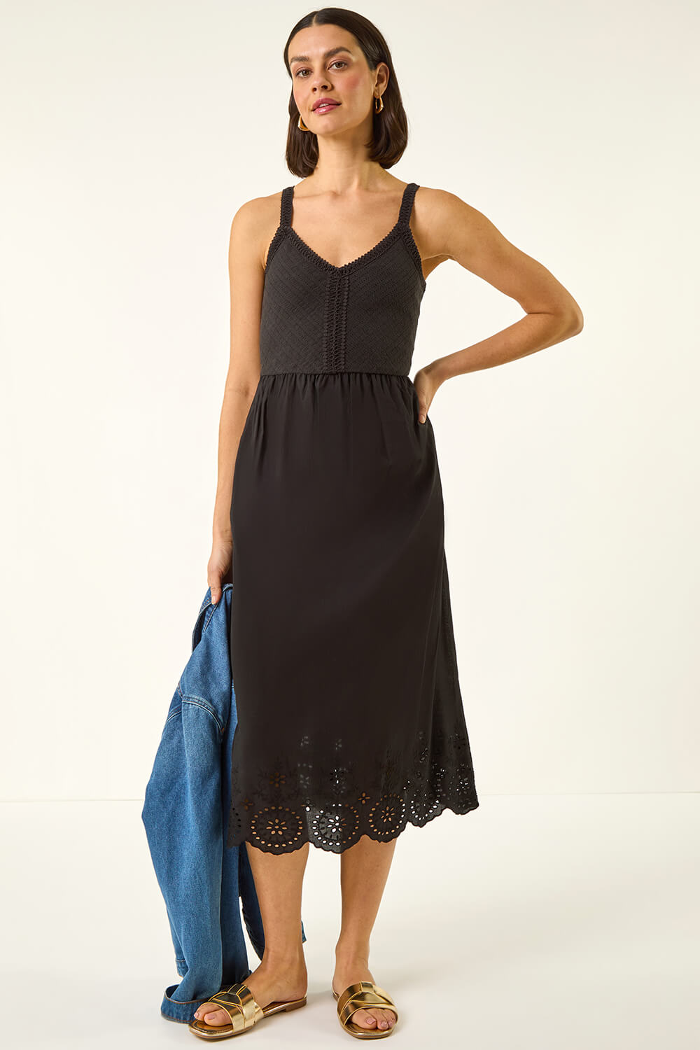 Roman Women's Black Crochet Strappy Midi Dress Size 20