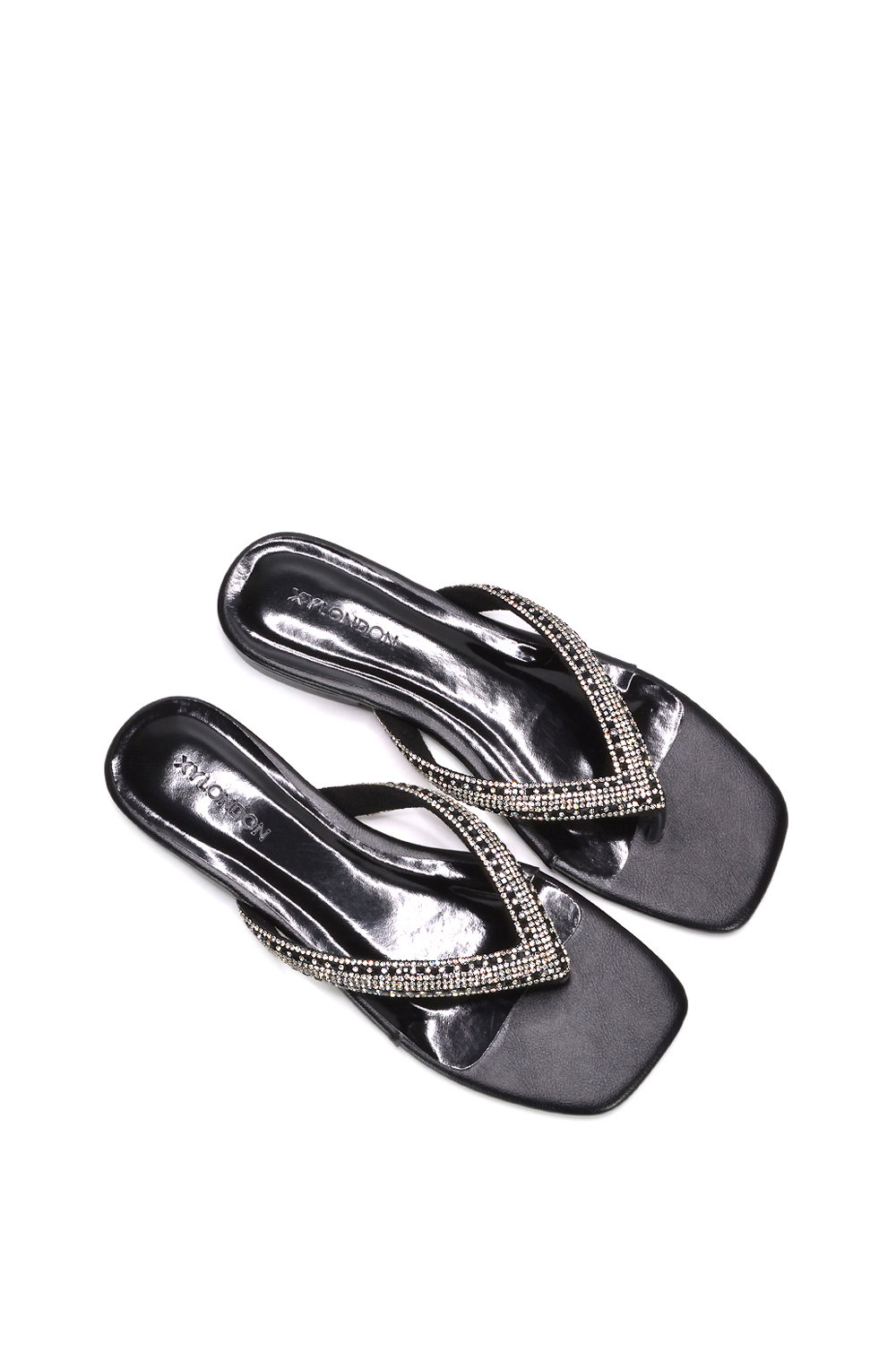 Black 'Blake' Flat Slip On Diamante Sandals With Thong Strap, Image 6 of 6