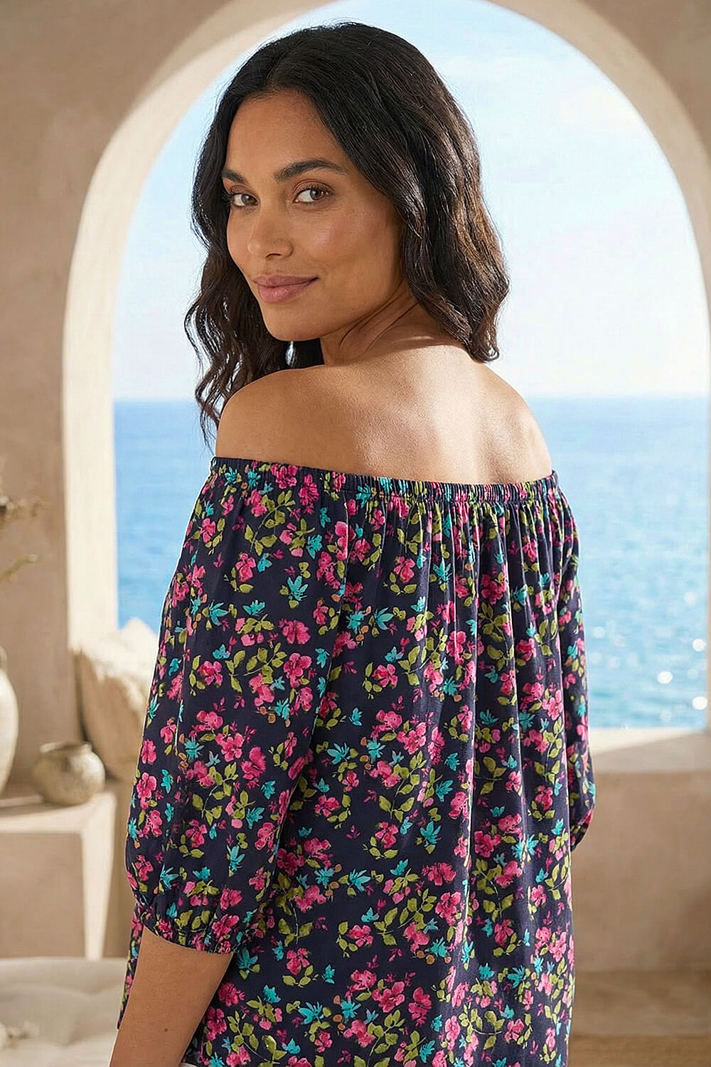 Pink Floral Print Stretch Bardot Top, Image 4 of 4