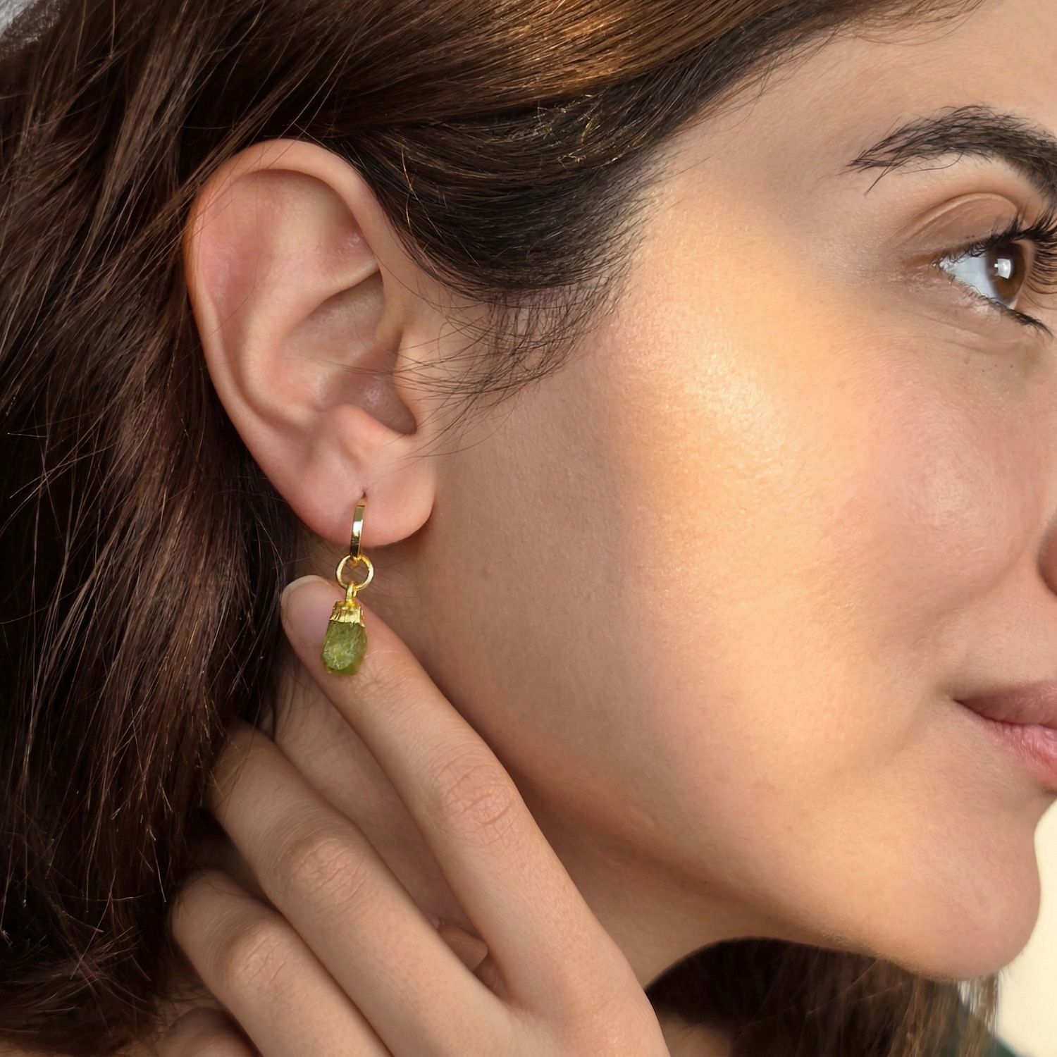 Gold Raw Peridot August Birthstone Gold Plated Huggies, Image 3 of 4