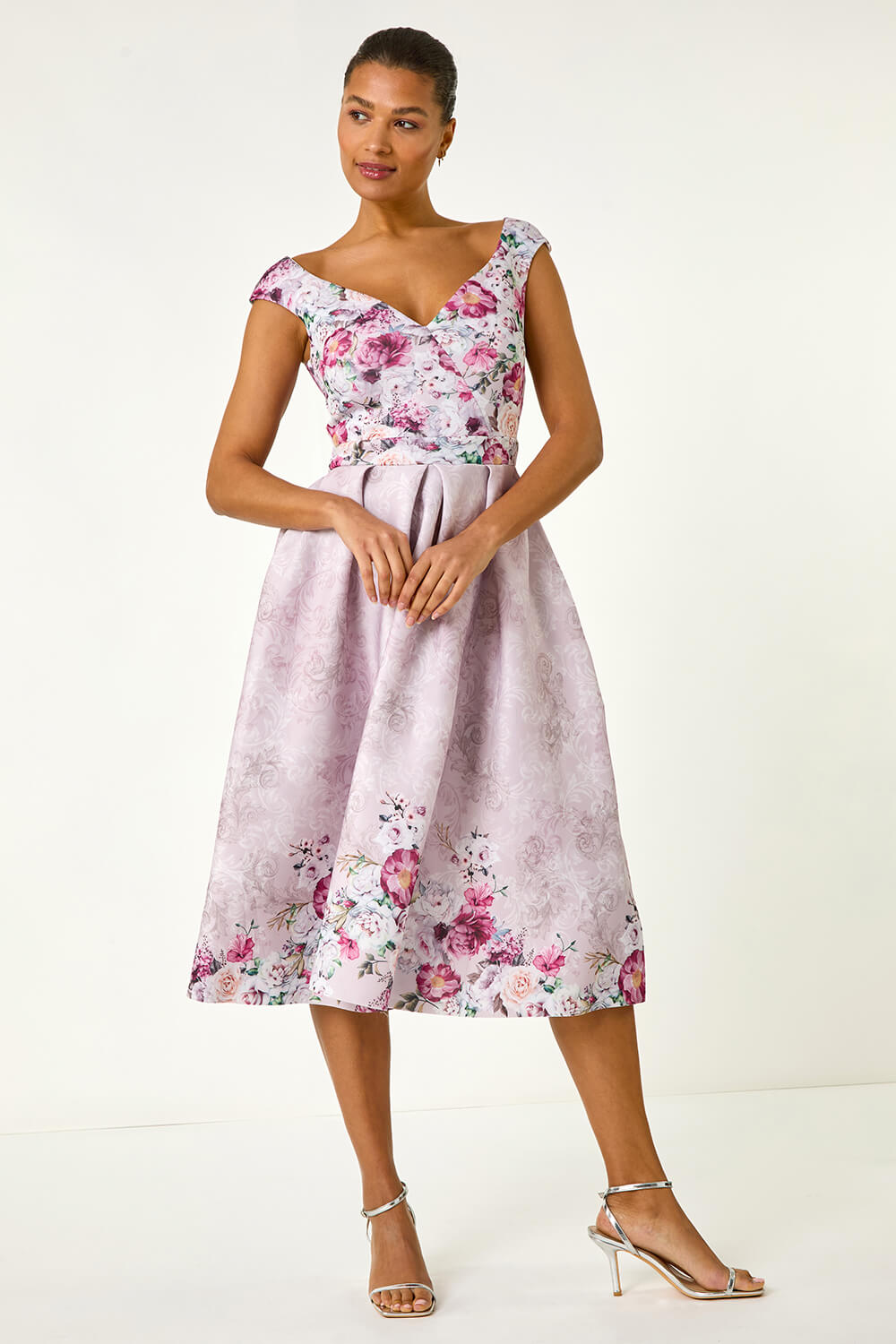 Pink Sweetheart Neck Floral Premium Stretch Midi Dress, Image 3 of 5