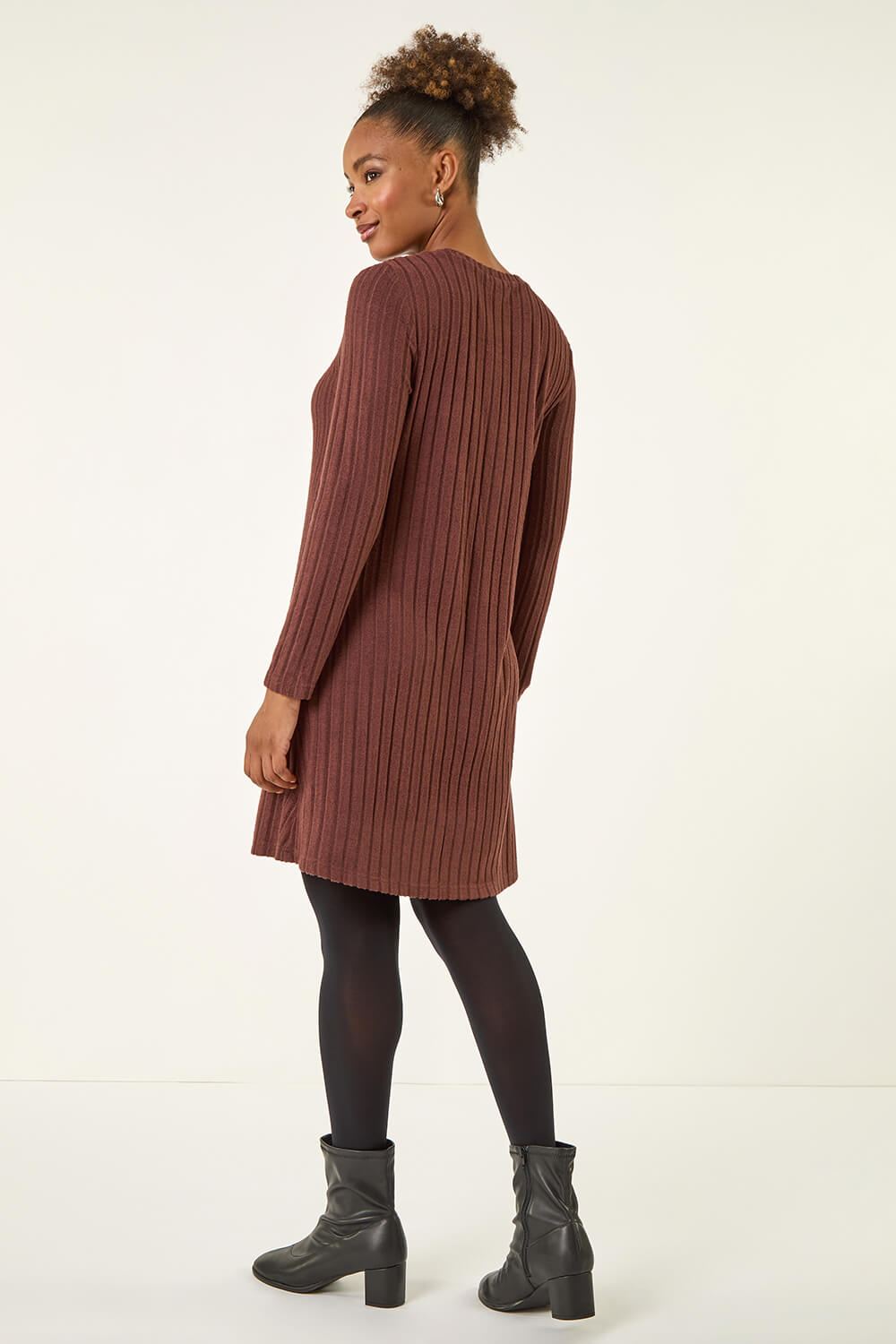 Chocolate Textured Ribbed Swing Dress, Image 4 of 5